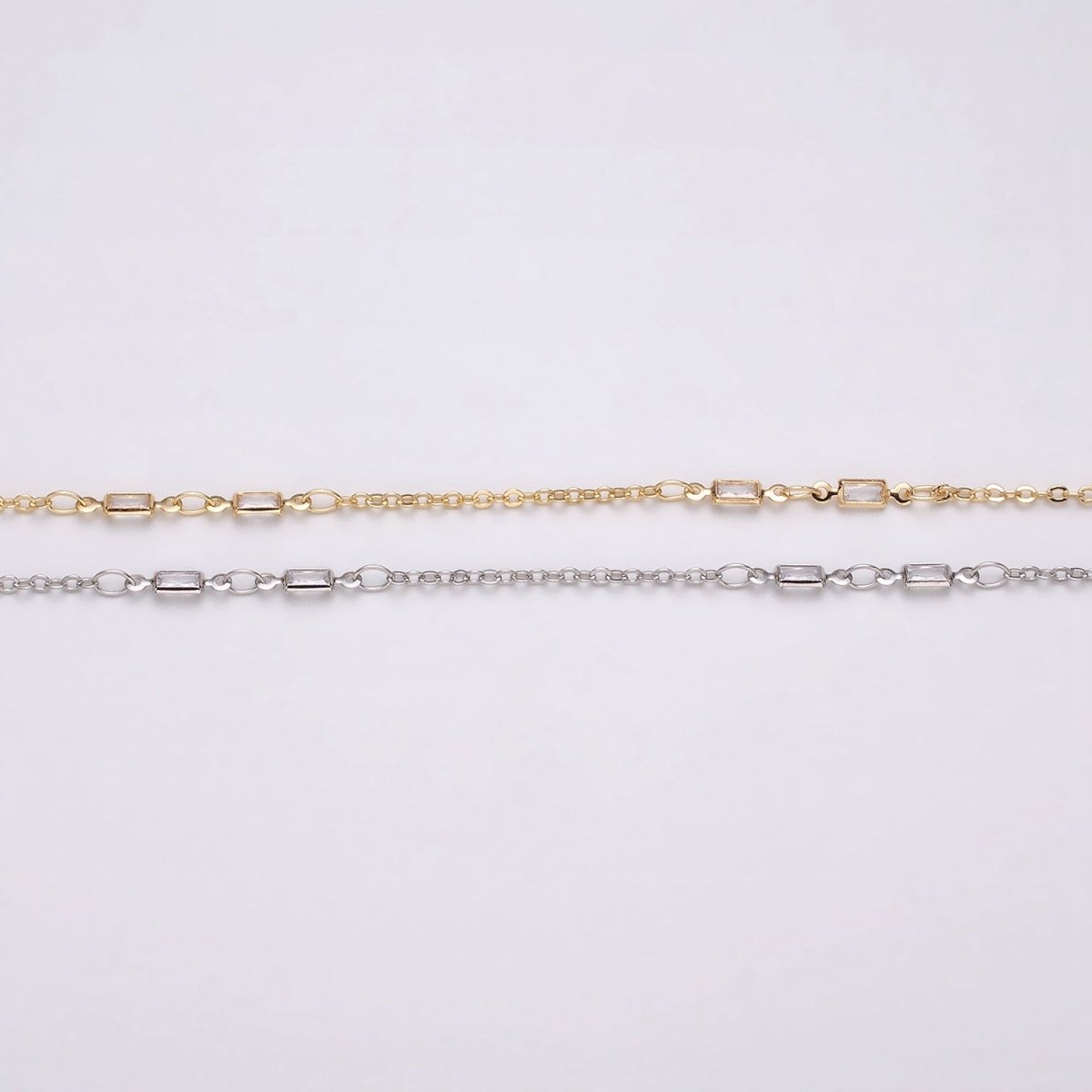 16K Gold Filled 2.5mm CZ Double Clear Baguette Cable Link Unfinished Chain in Gold & Silver | ROLL-1333 ROLL-1334 - DLUXCA