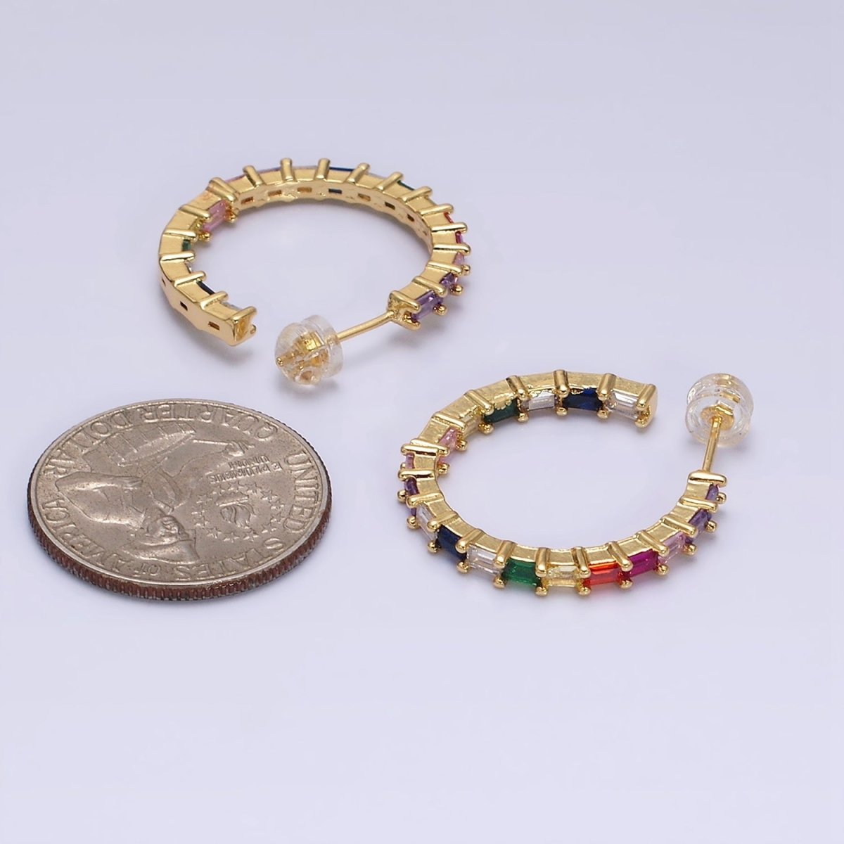 16K Gold Filled 25mm CZ Multicolor Baguette Lined Front-Facing C-Shaped Hoop Earrings | AD1160 - DLUXCA