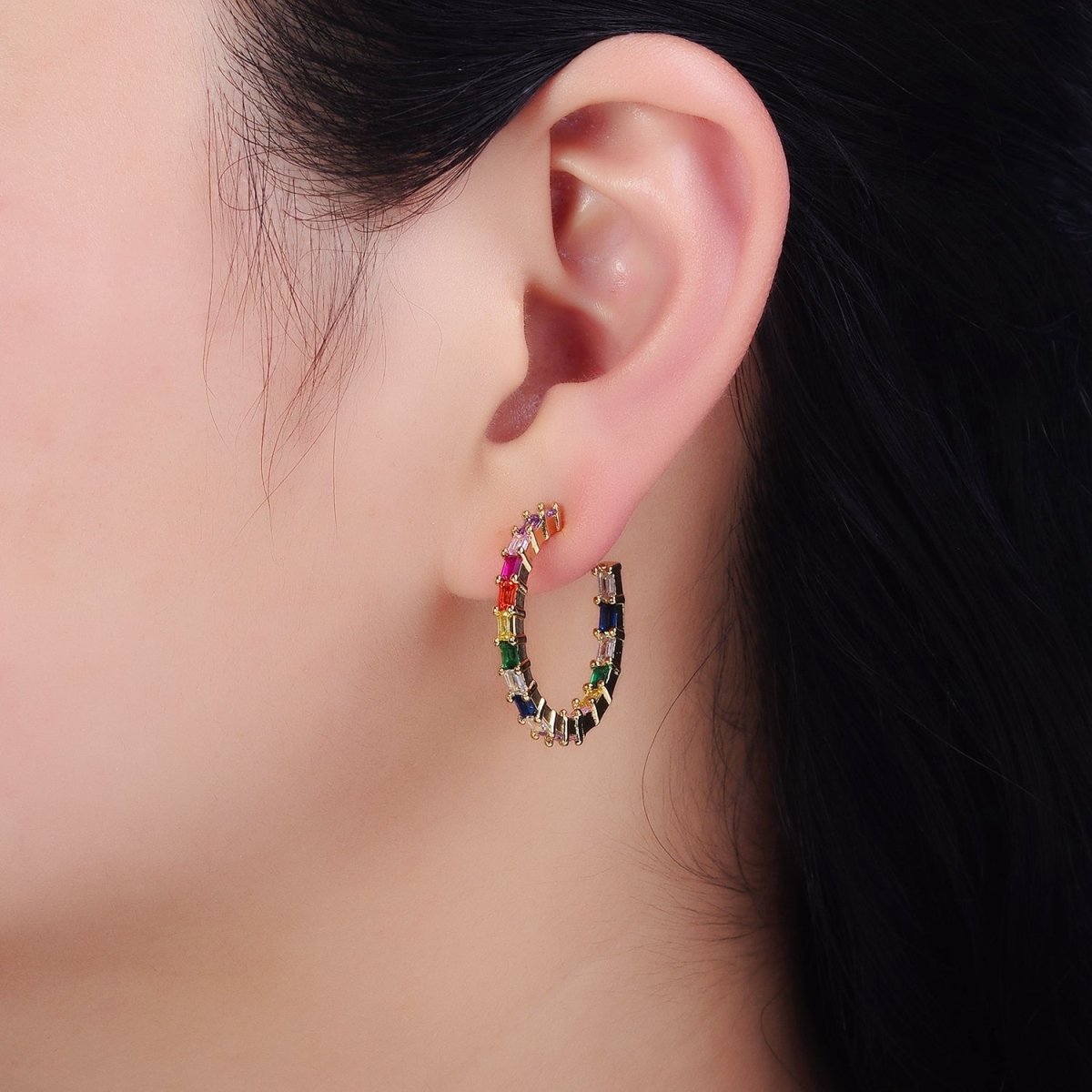 16K Gold Filled 25mm CZ Multicolor Baguette Lined Front-Facing C-Shaped Hoop Earrings | AD1160 - DLUXCA