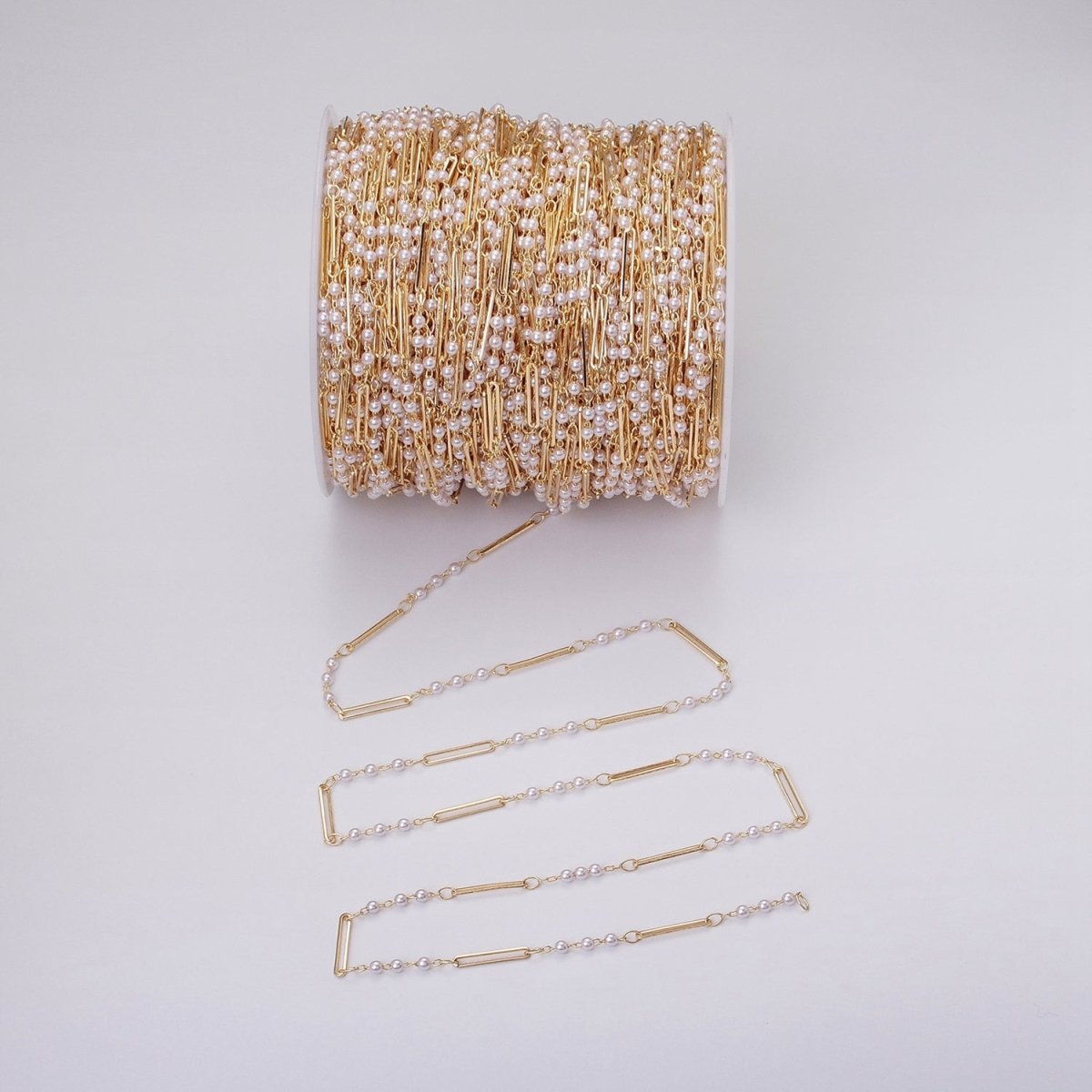 16K Gold Filled 2.5mm Designed Triple Synthetic Pearl Paperclip Link Unfinished Chain in Gold & Silver | ROLL-1335 ROLL-1336 Clearance Pricing - DLUXCA