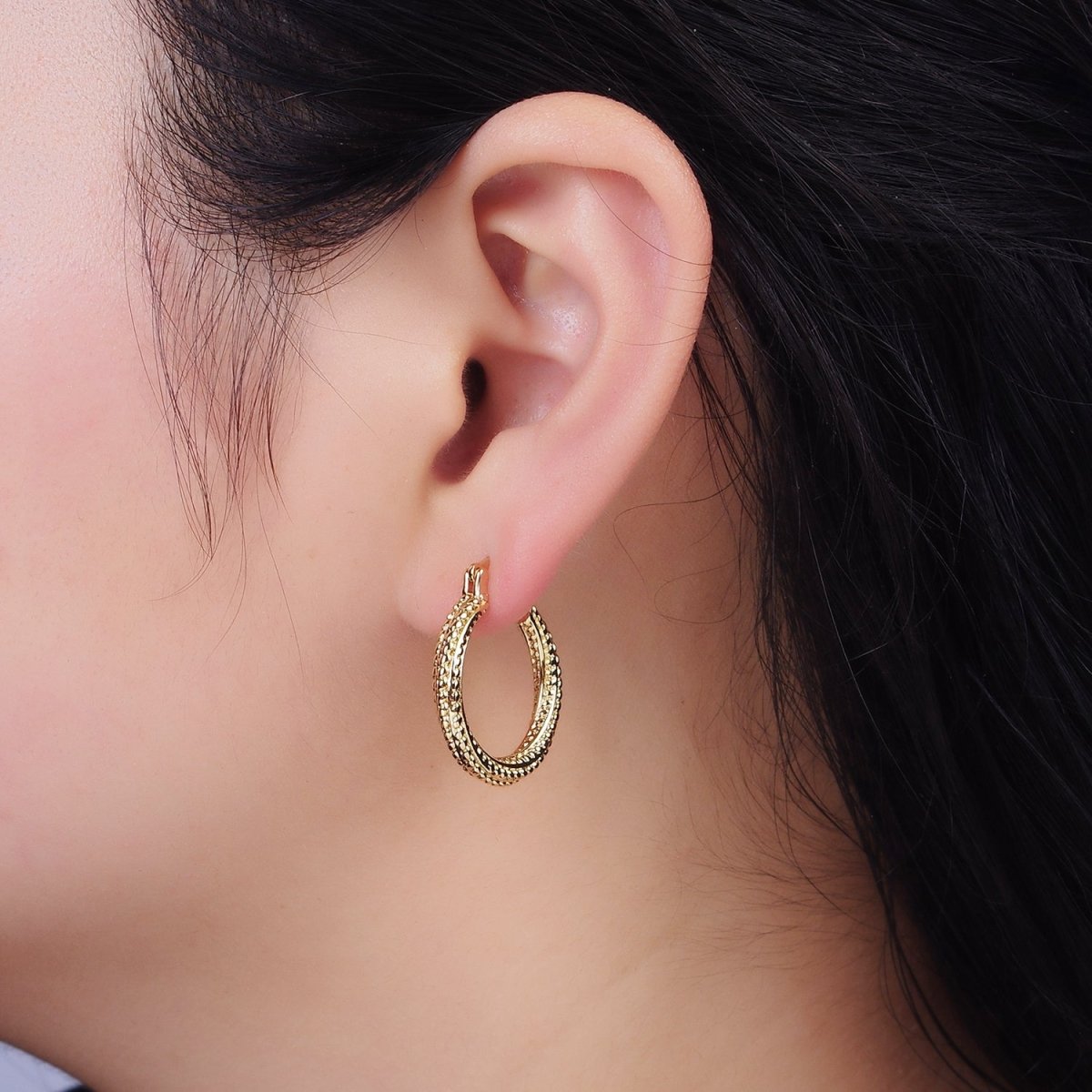 16K Gold Filled 25mm Dotted Braided Twist French Lock Latch Hoop Earrings | AE-601 - DLUXCA