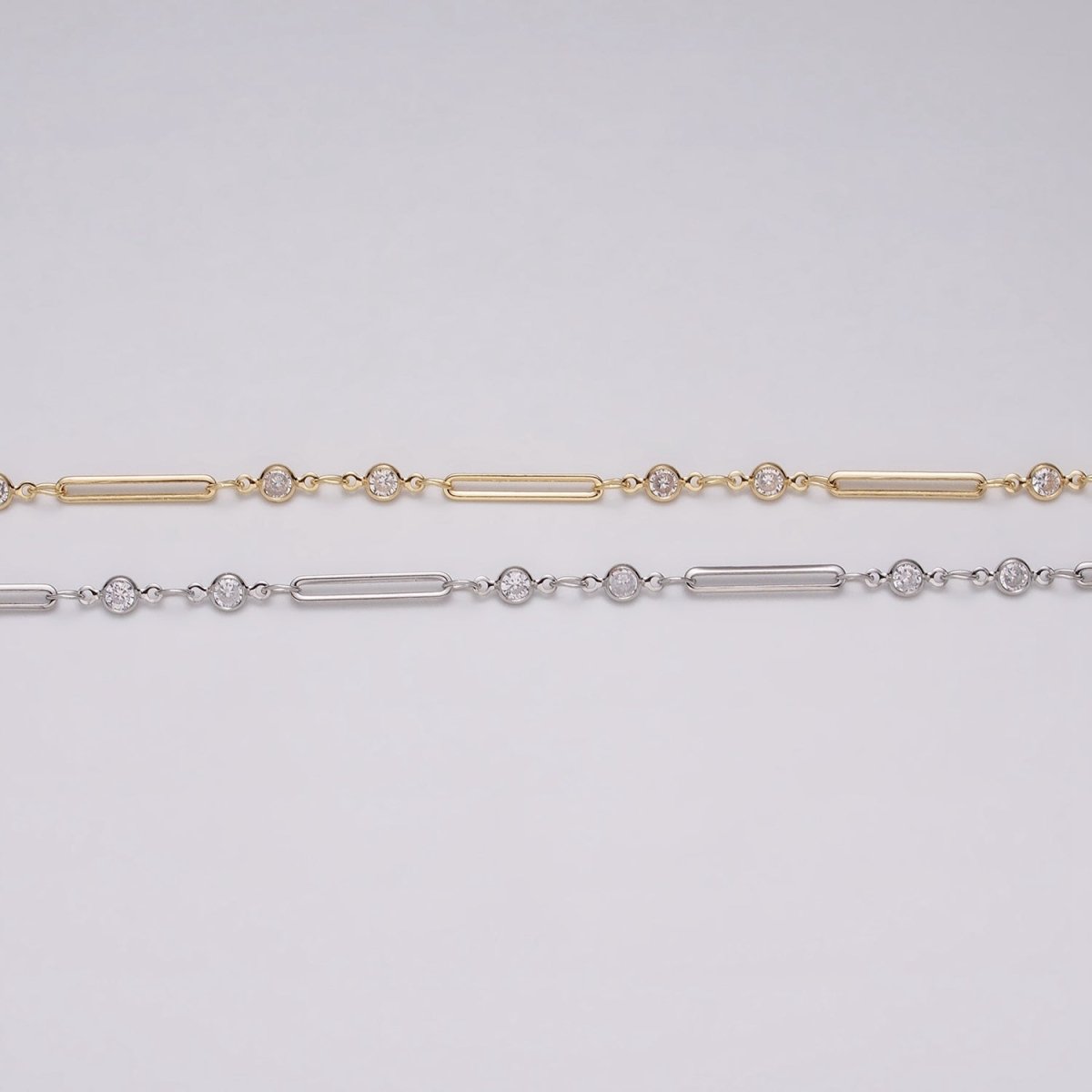 16K Gold Filled 2.5mm Double CZ Clear Round Paperclip Link Designed Unfinished Chain in Gold & Silver | ROLL-1329 ROLL-1330 - DLUXCA