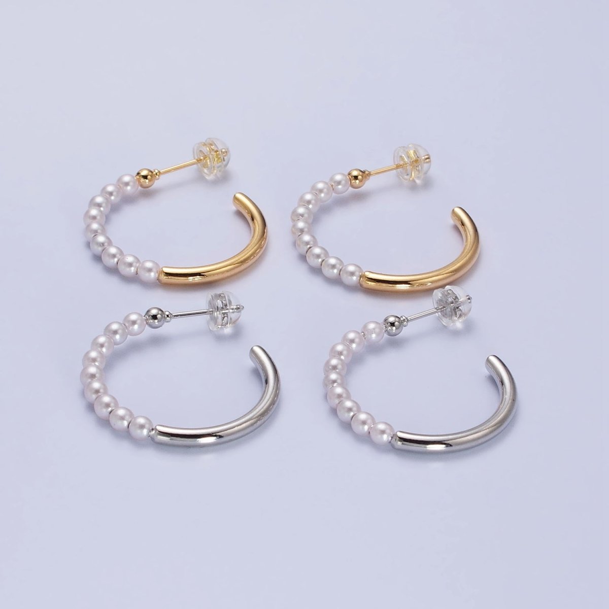 16K Gold Filled 25mm Half Pearl Hoop Earrings in Gold & Silver | AB366 AB367 - DLUXCA