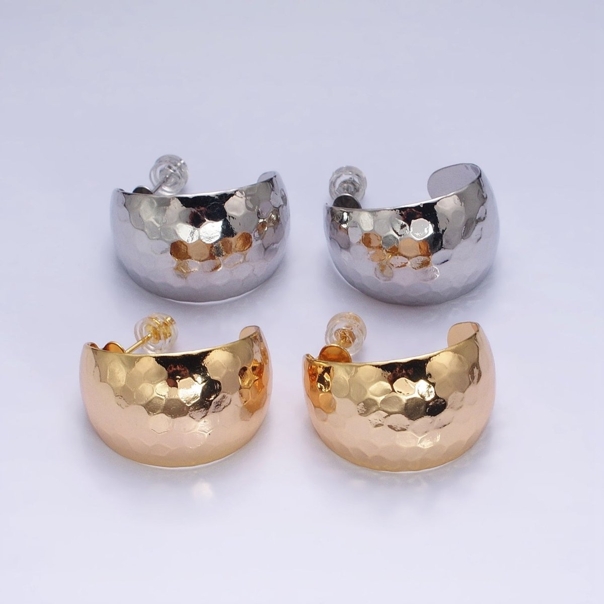 16K Gold Filled 25mm Round Multifaceted Wide Dome C-Shaped Hoop Earrings in Gold & Silver | AE023 AE024 - DLUXCA