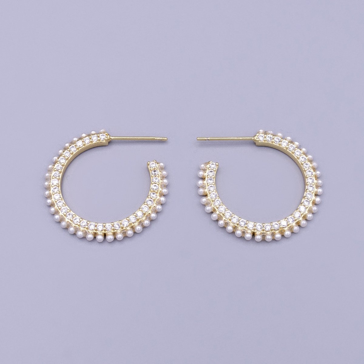 16K Gold Filled 25mm White Pearl Clear CZ Lined C-Shaped Hoop Earrings Set | AD1308 - DLUXCA