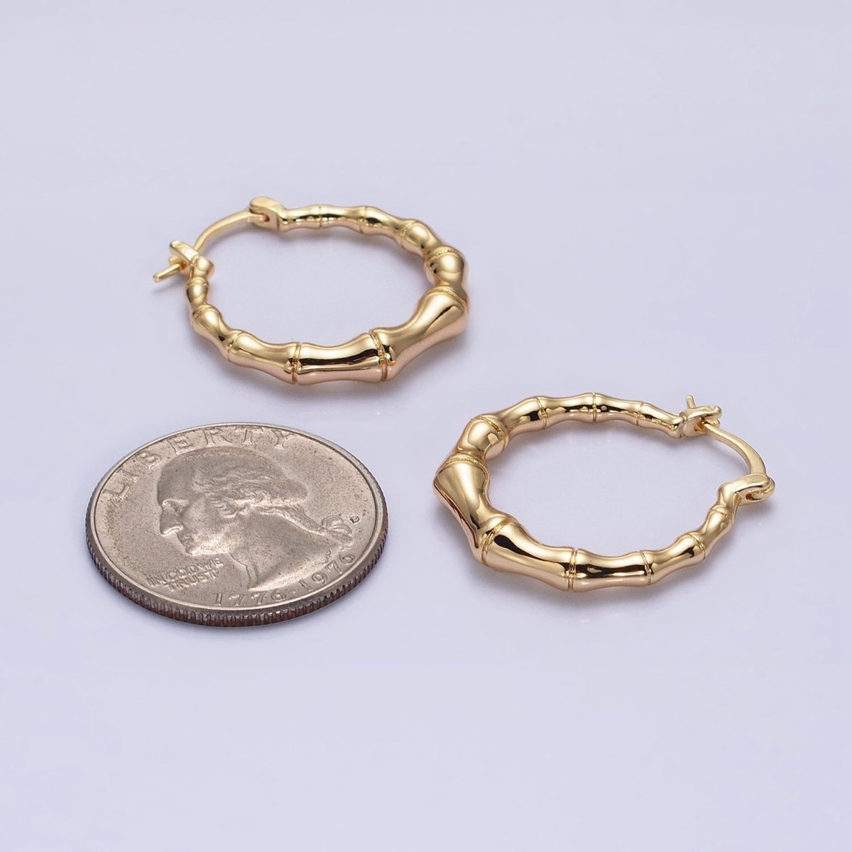 16K Gold Filled 26mm Bamboo Hoop French Lock Latch Earrings in Gold & Silver | AB1482 AB1483 - DLUXCA