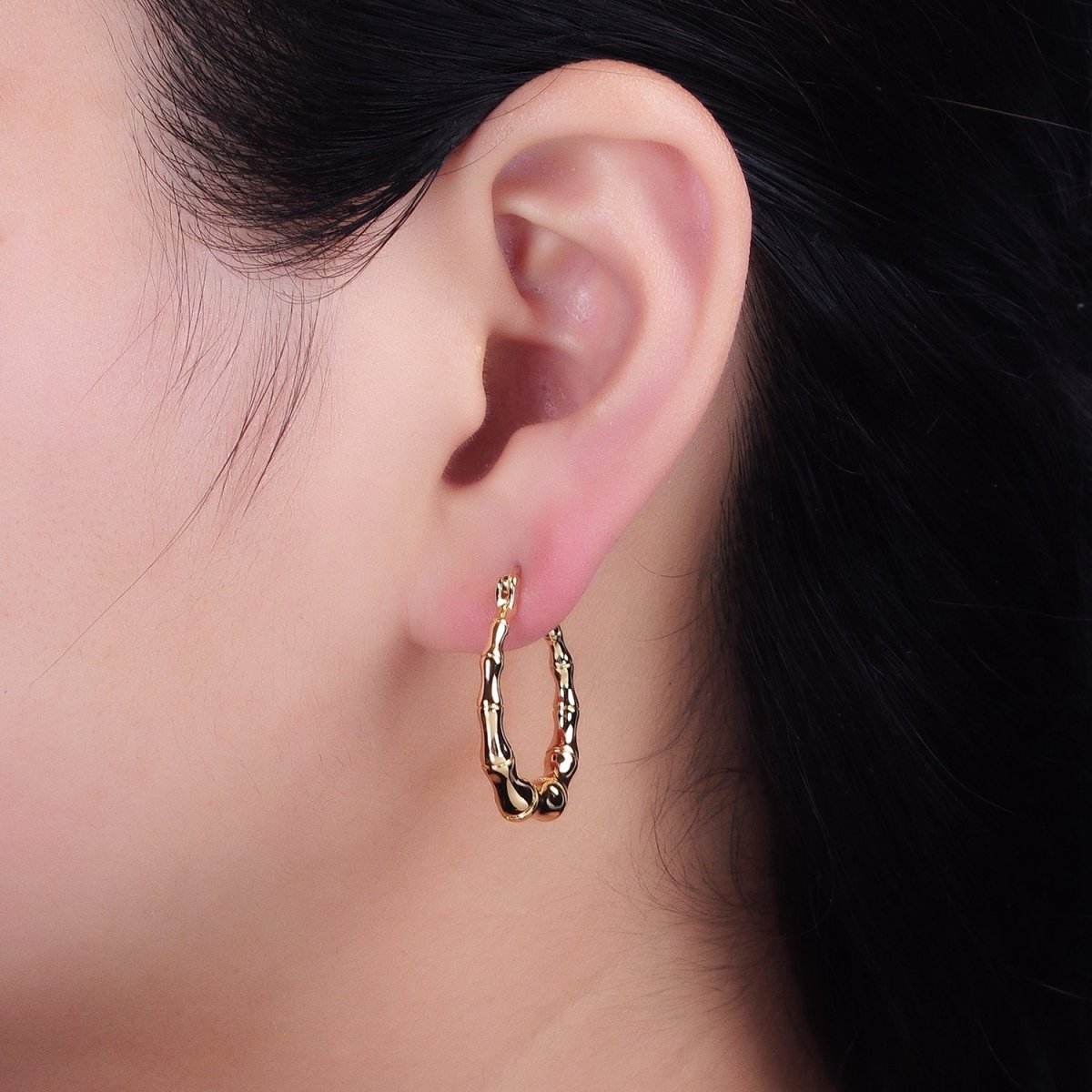 16K Gold Filled 26mm Bamboo Hoop French Lock Latch Earrings in Gold & Silver | AB1482 AB1483 - DLUXCA