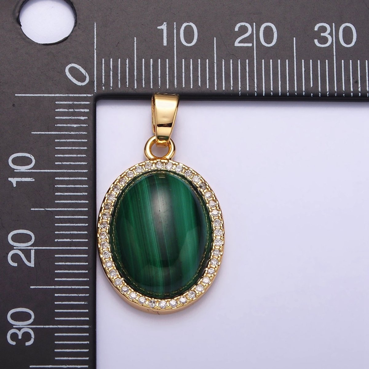 16K Gold Filled 28mm Malachite Natural Gemstone Oval Cabochon Micro Paved CZ Pendant | AA436 - DLUXCA