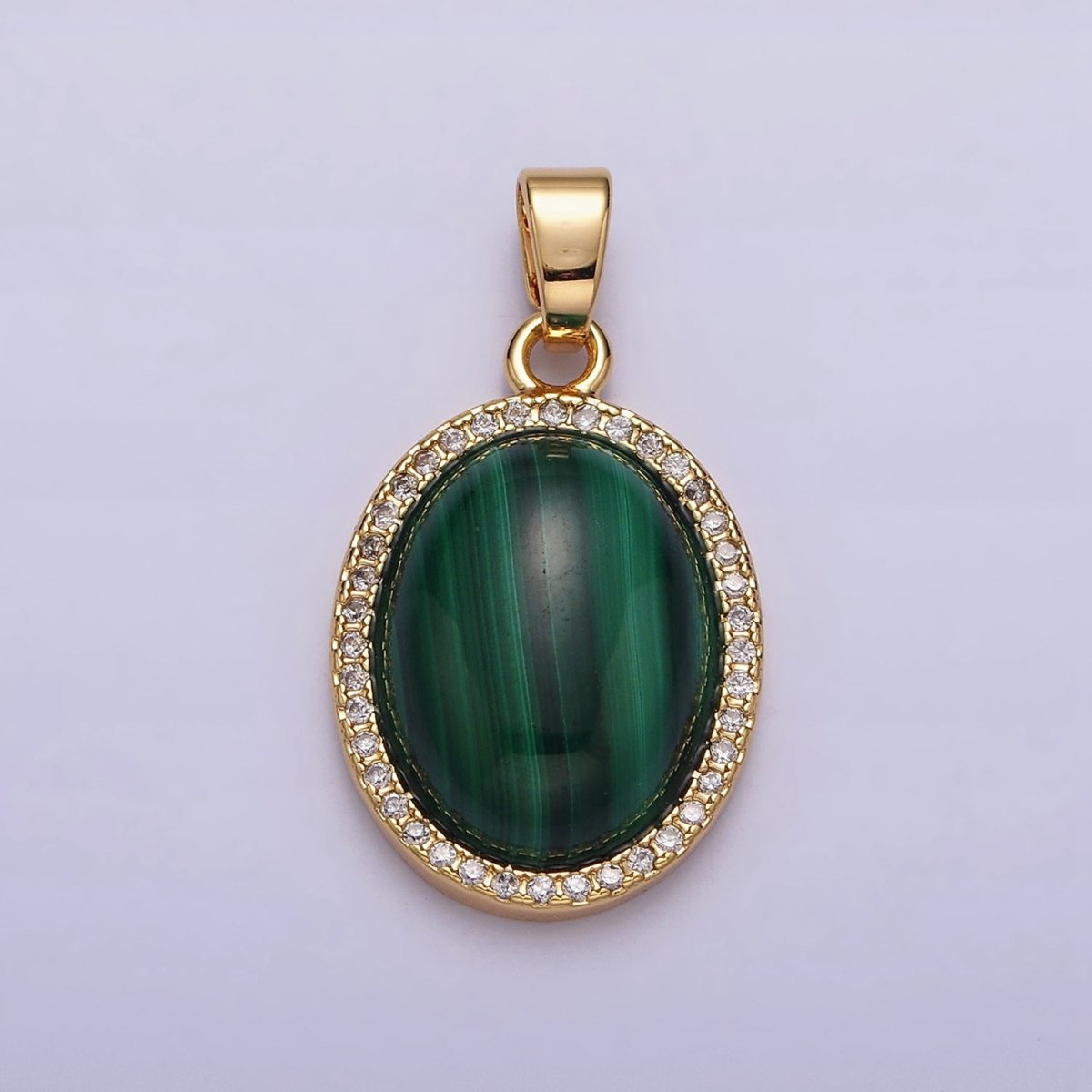 16K Gold Filled 28mm Malachite Natural Gemstone Oval Cabochon Micro Paved CZ Pendant | AA436 - DLUXCA