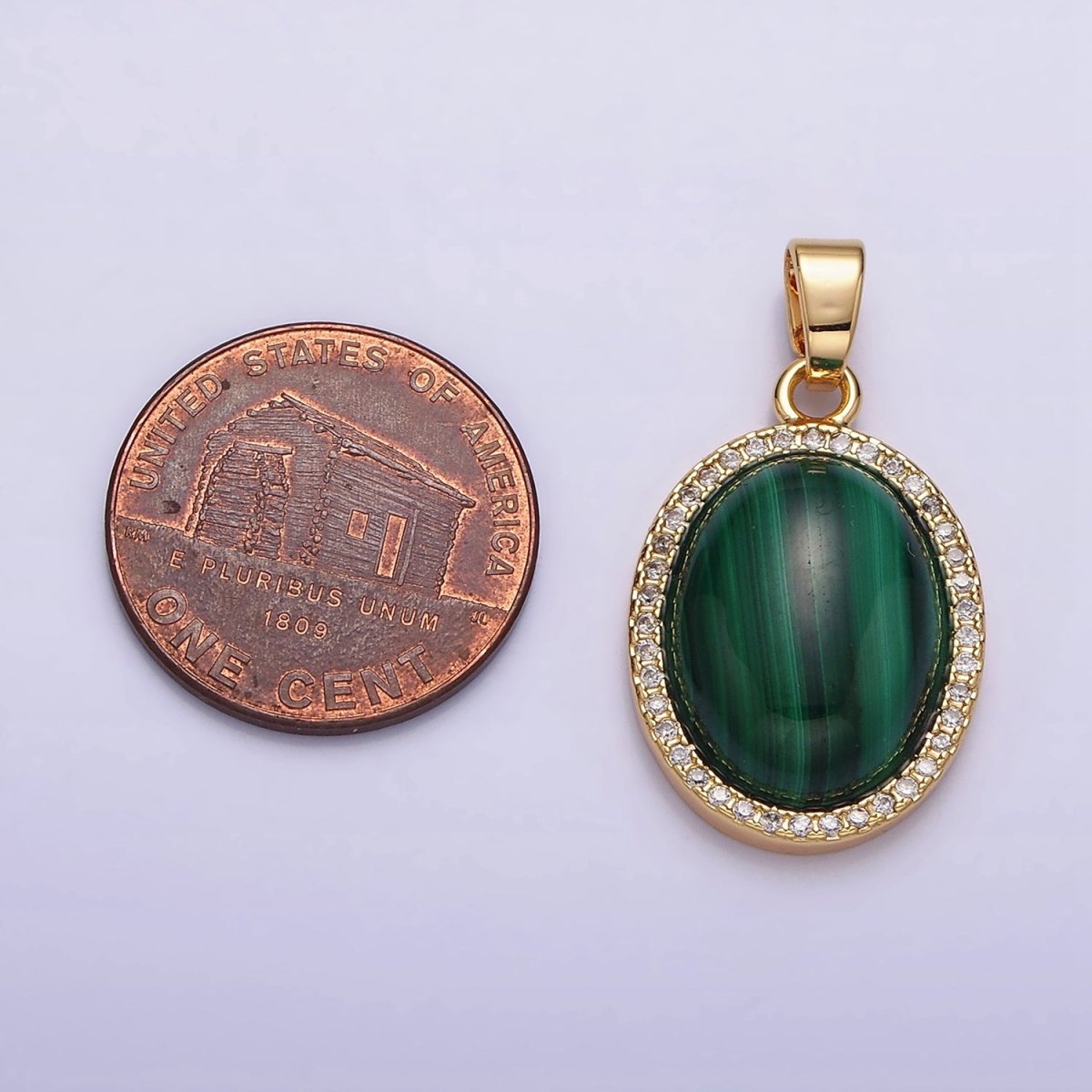 16K Gold Filled 28mm Malachite Natural Gemstone Oval Cabochon Micro Paved CZ Pendant | AA436 - DLUXCA