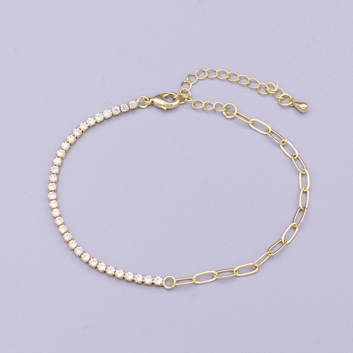 16K Gold Filled 2mm Half Tennis Half Paperclip 7 Inch Chain Bracelet | WA-1809 Clearance Pricing - DLUXCA