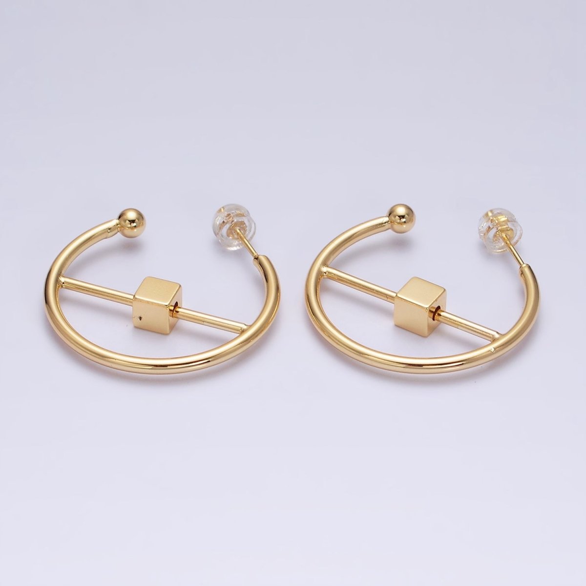 16K Gold Filled 30mm Block Bar Geometric C-Shaped Hoop Earrings in Gold & Silver | AD1345 AD1346 - DLUXCA