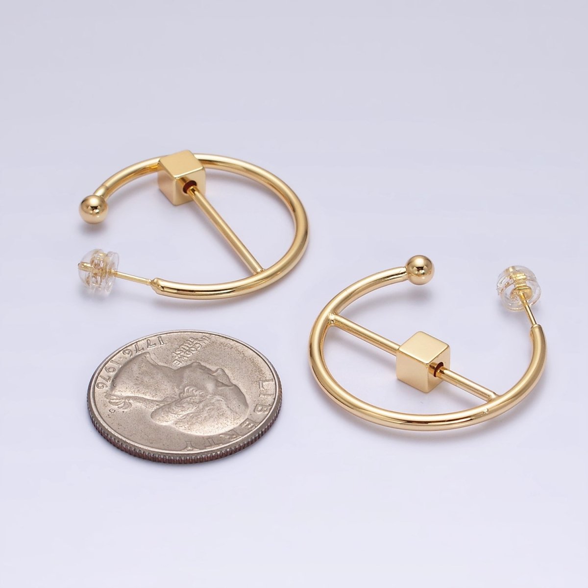 16K Gold Filled 30mm Block Bar Geometric C-Shaped Hoop Earrings in Gold & Silver | AD1345 AD1346 - DLUXCA