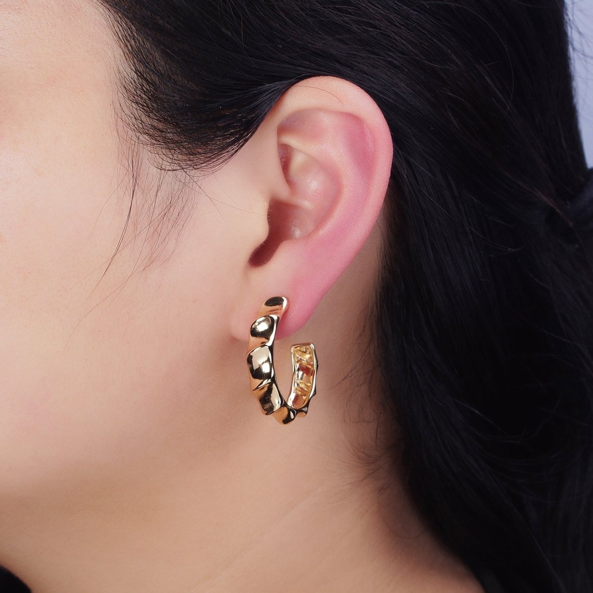 16K Gold Filled 30mm Curve Edged Geometric C-Shaped Hoop Earrings in Gold & Silver | AE025 AE026 - DLUXCA