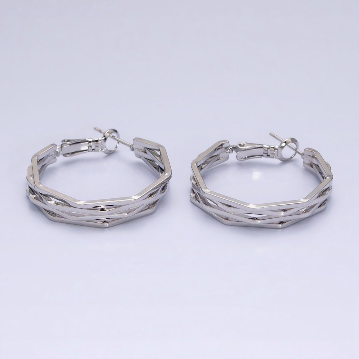 16K Gold Filled 30mm Hexagonal Multiple Band Hinge Hoop Earrings in Gold & Silver | AE037 AE038 - DLUXCA