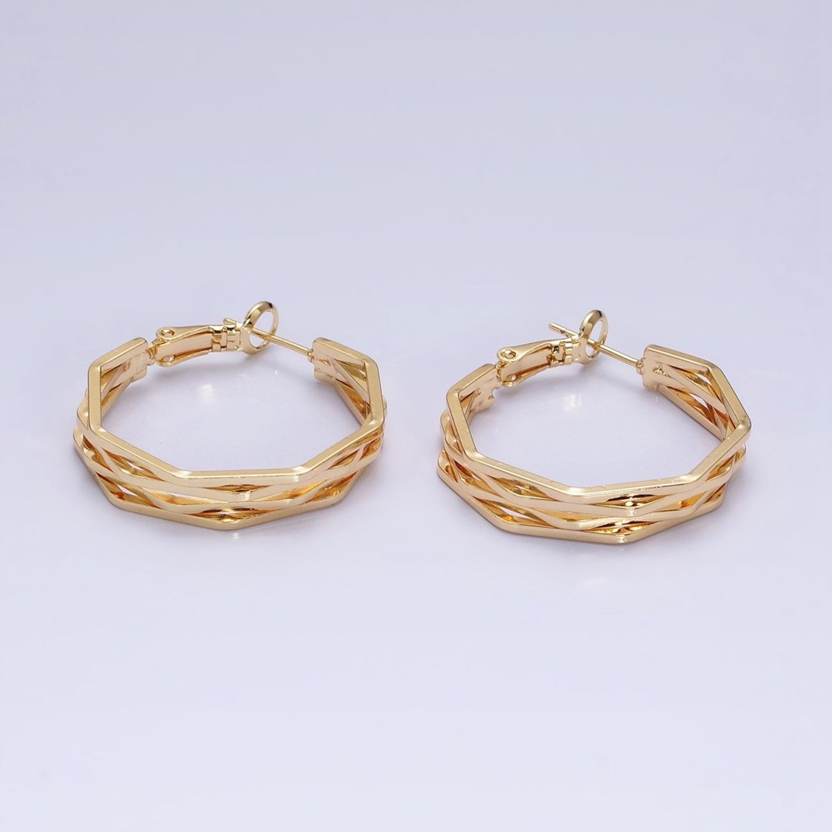 16K Gold Filled 30mm Hexagonal Multiple Band Hinge Hoop Earrings in Gold & Silver | AE037 AE038 - DLUXCA