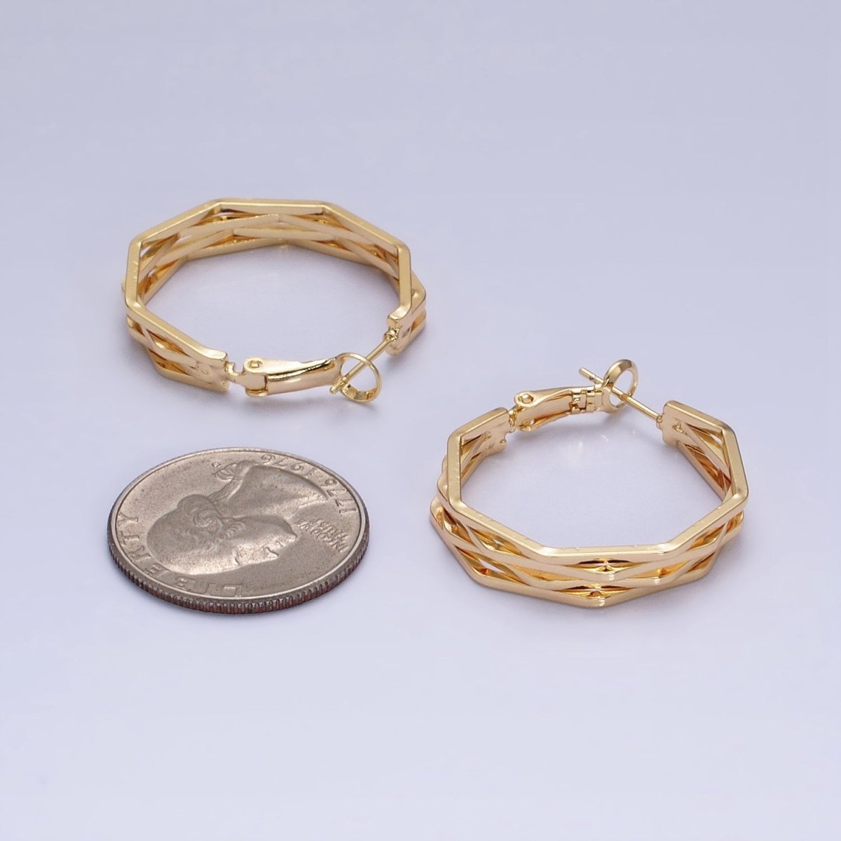 16K Gold Filled 30mm Hexagonal Multiple Band Hinge Hoop Earrings in Gold & Silver | AE037 AE038 - DLUXCA