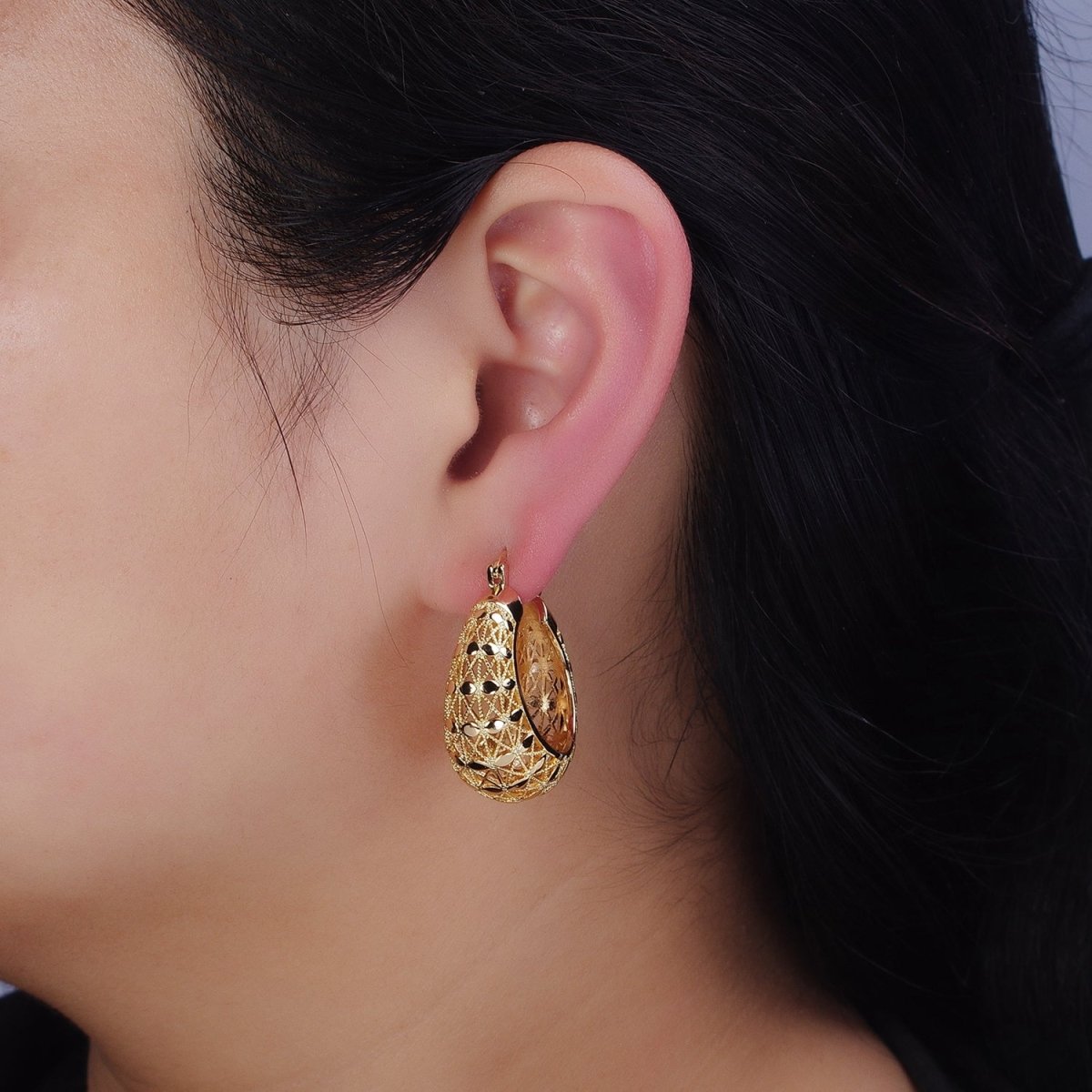 16K Gold Filled 30mm Sphere Dotted Dome Filigree French Lock Latch Earrings in Gold & Silver | AE021 AE022 - DLUXCA