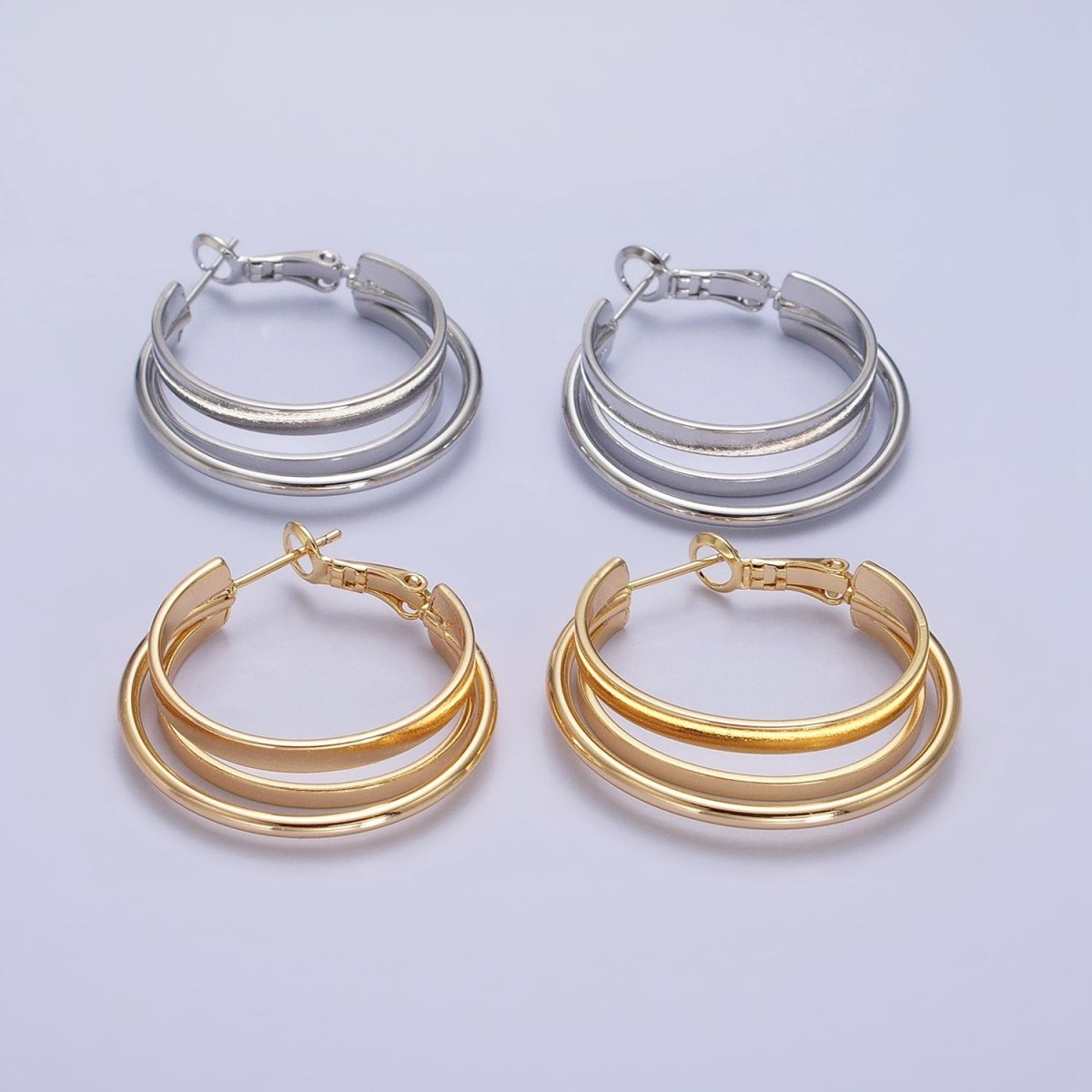 16K Gold Filled 30mm Triple Geometric Flat Band Bar Hinge Latch Earrings in Gold & Silver | AE033 AE034 - DLUXCA