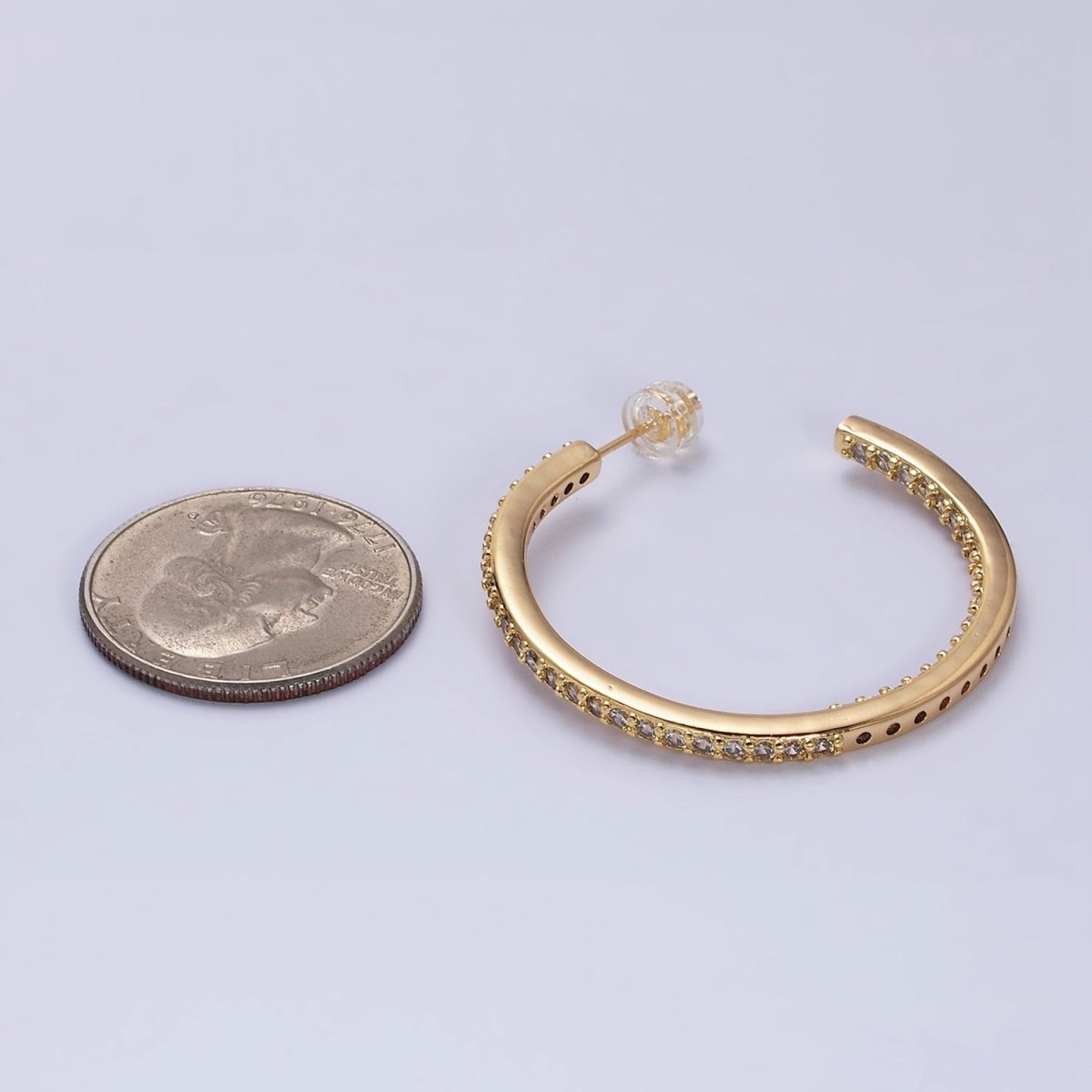 16K Gold Filled 37mm Micro Paved CZ C-Shaped Hoop Earrings | AD1275 AD1276 - DLUXCA