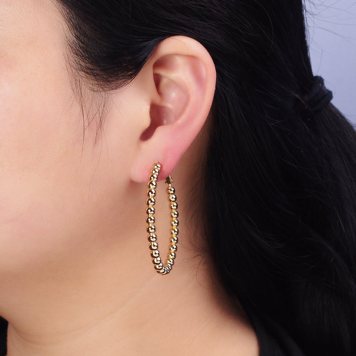 16K Gold Filled 38mm Beaded Bubble Ball Oval Oblong Hinge Hoop Earrings in Gold & Silver | AD992 AD993 - DLUXCA