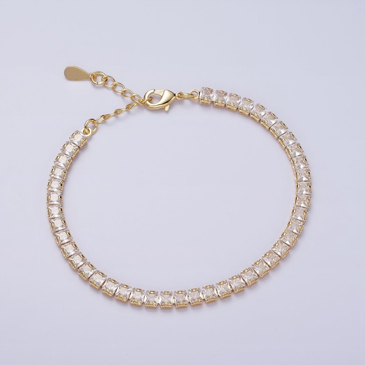 16K Gold Filled 3.8mm Pink, Green, Clear CZ Square Tennis 6.5 Inch Bracelet with Extender in Gold & Silver | WA-1791 - WA-1796 - DLUXCA