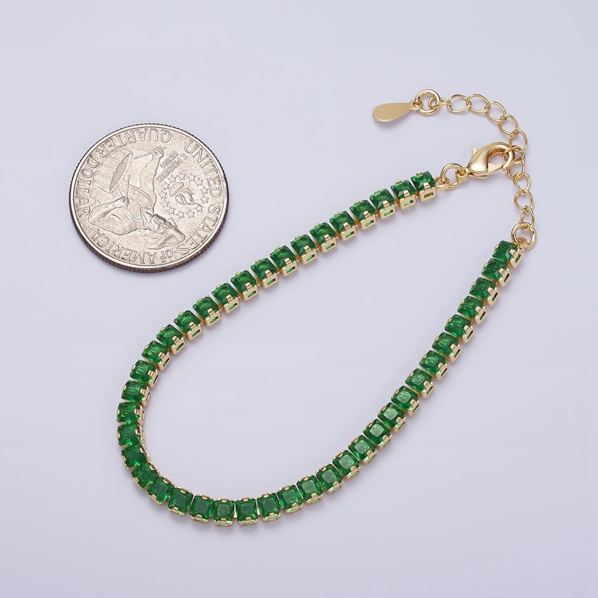 16K Gold Filled 3.8mm Pink, Green, Clear CZ Square Tennis 6.5 Inch Bracelet with Extender in Gold & Silver | WA-1791 - WA-1796 - DLUXCA