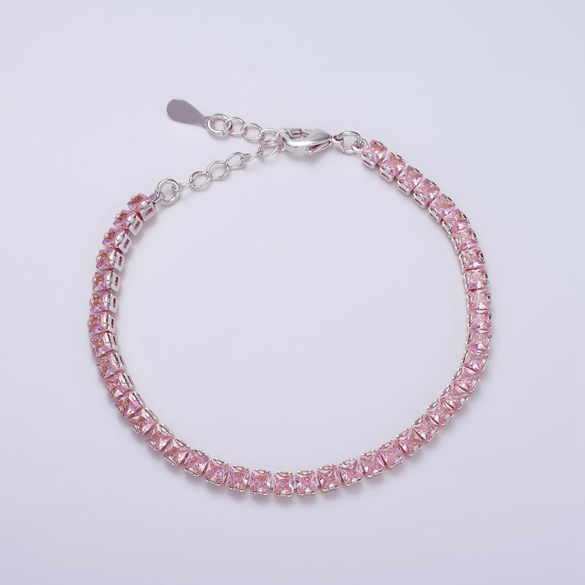 16K Gold Filled 3.8mm Pink, Green, Clear CZ Square Tennis 6.5 Inch Bracelet with Extender in Gold & Silver | WA-1791 - WA-1796 - DLUXCA