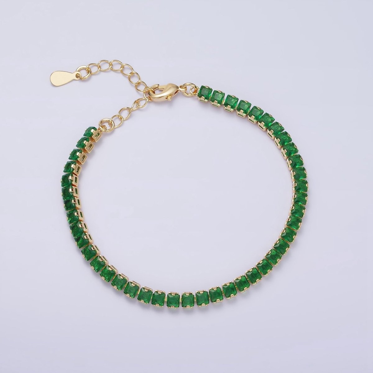 16K Gold Filled 3.8mm Pink, Green, Clear CZ Square Tennis 6.5 Inch Bracelet with Extender in Gold & Silver | WA-1791 - WA-1796 - DLUXCA