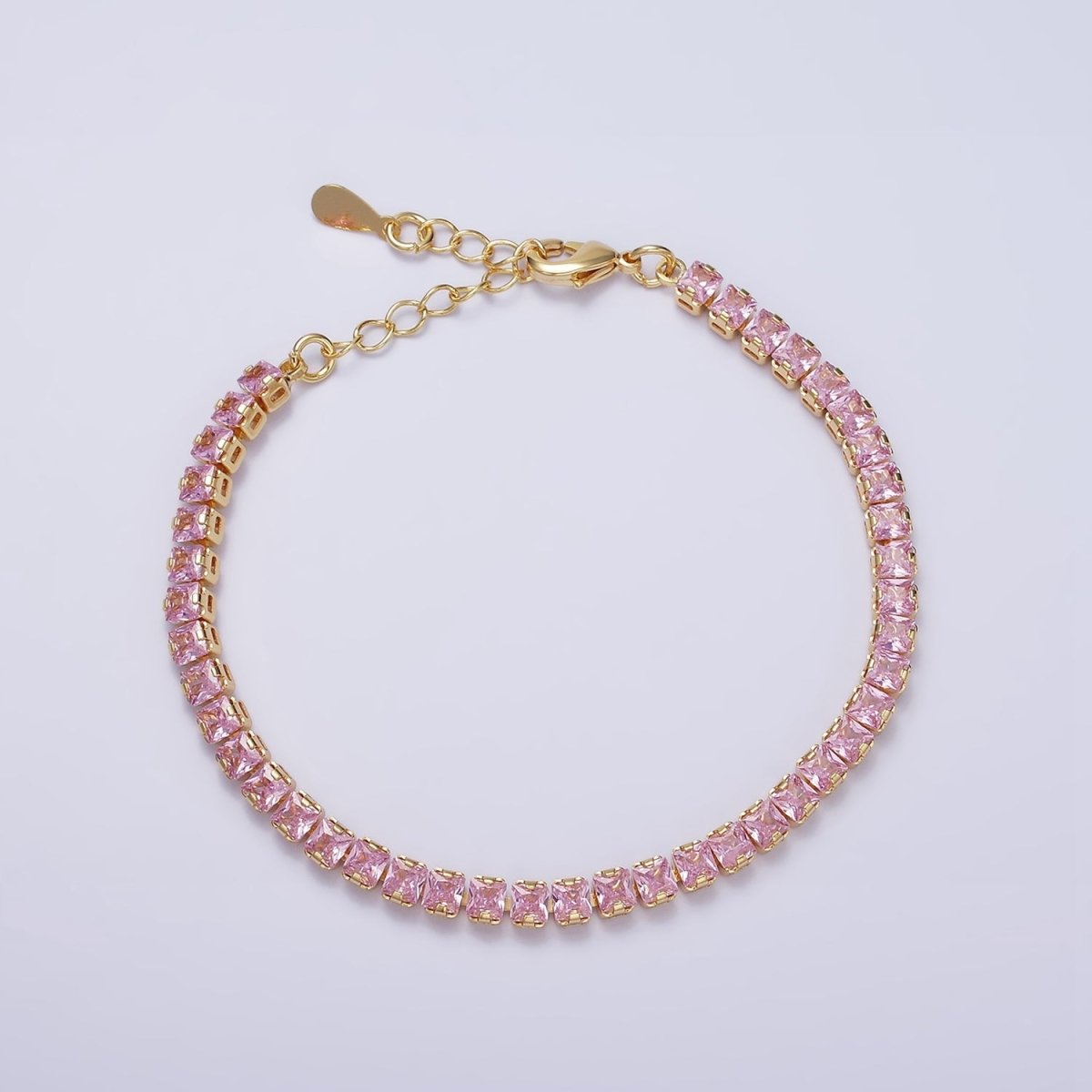 16K Gold Filled 3.8mm Pink, Green, Clear CZ Square Tennis 6.5 Inch Bracelet with Extender in Gold & Silver | WA-1791 - WA-1796 - DLUXCA