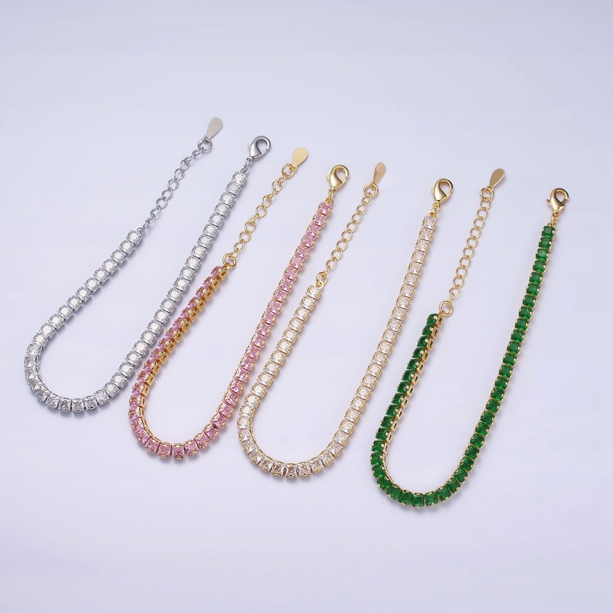 16K Gold Filled 3.8mm Pink, Green, Clear CZ Square Tennis 6.5 Inch Bracelet with Extender in Gold & Silver | WA-1791 - WA-1796 - DLUXCA