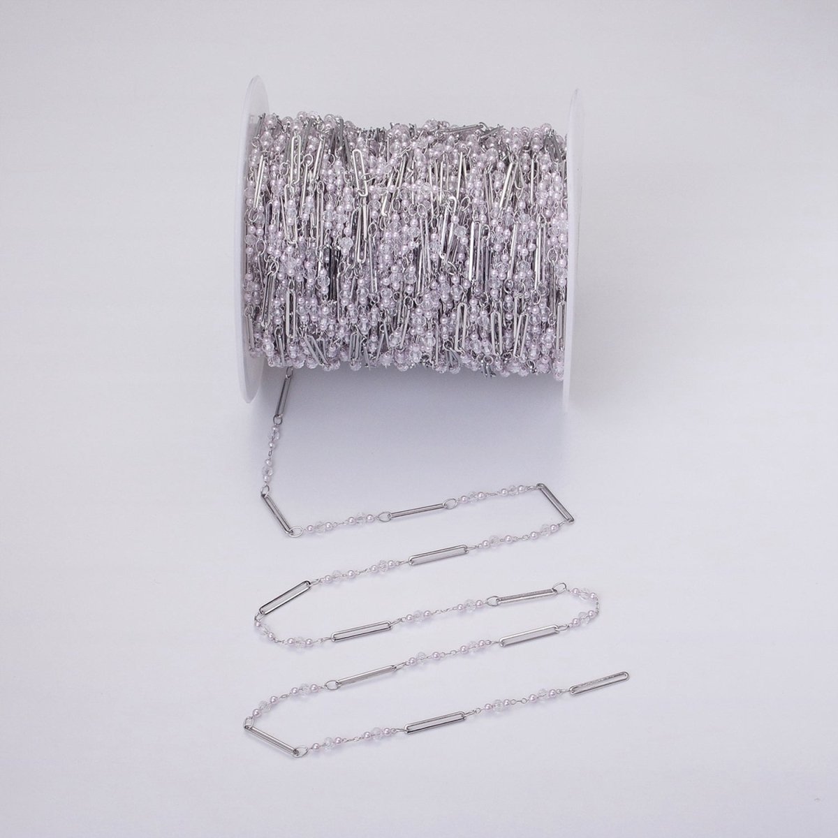 16K Gold Filled 3mm Synthetic Pearl Clear Rondell Paperclip Link Unfinished Chain in Gold & Silver | ROLL-1341 ROLL-1342 - DLUXCA