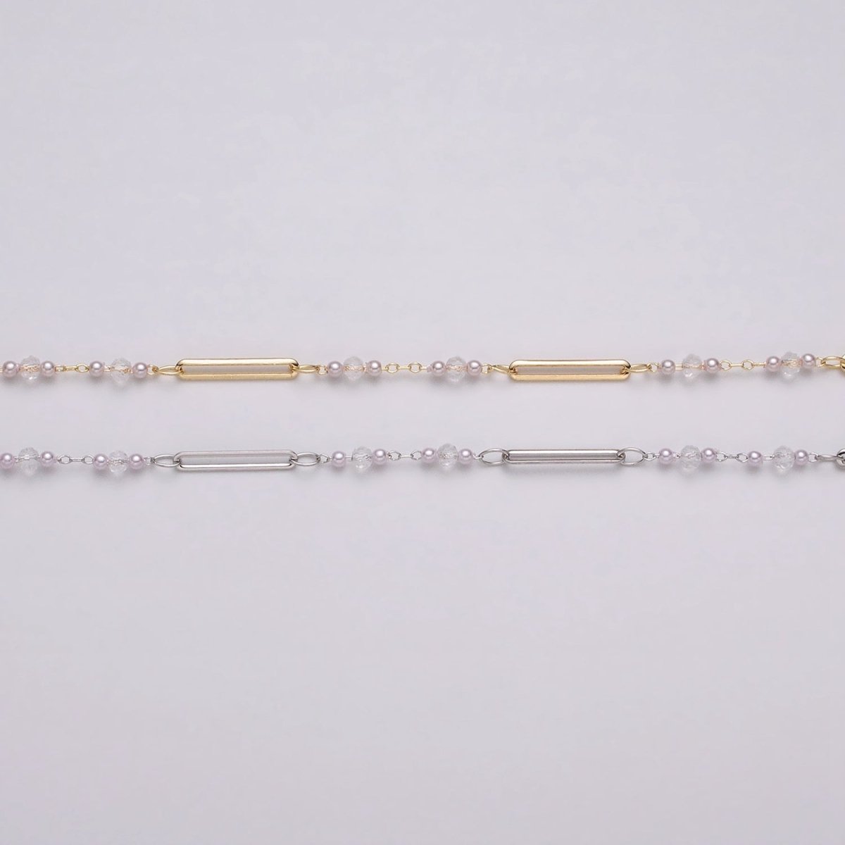 16K Gold Filled 3mm Synthetic Pearl Clear Rondell Paperclip Link Unfinished Chain in Gold & Silver | ROLL-1341 ROLL-1342 - DLUXCA