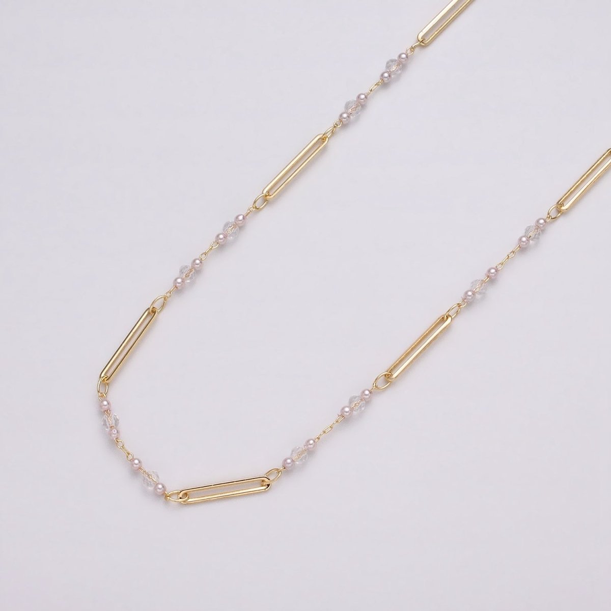 16K Gold Filled 3mm Synthetic Pearl Clear Rondell Paperclip Link Unfinished Chain in Gold & Silver | ROLL-1341 ROLL-1342 - DLUXCA