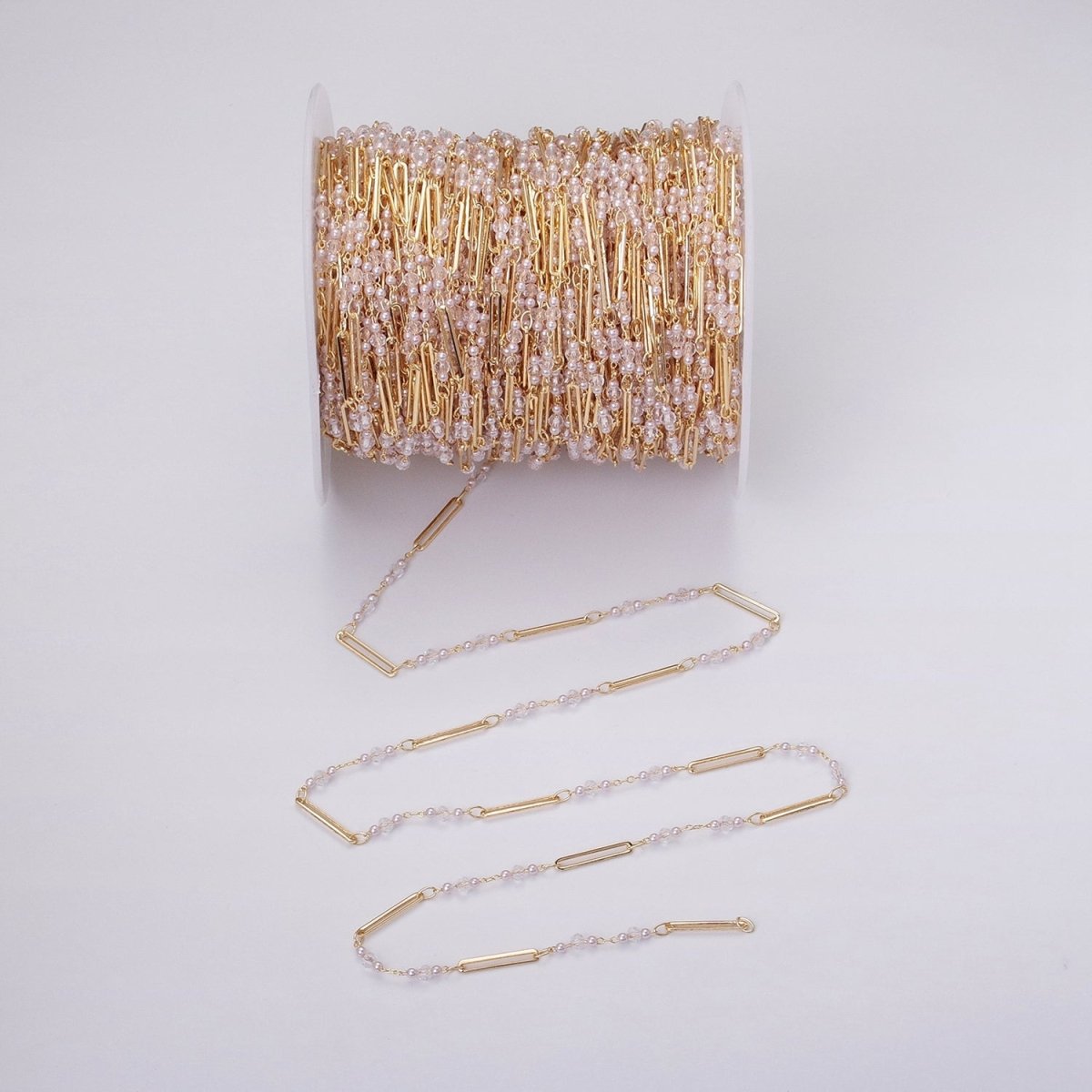 16K Gold Filled 3mm Synthetic Pearl Clear Rondell Paperclip Link Unfinished Chain in Gold & Silver | ROLL-1341 ROLL-1342 - DLUXCA