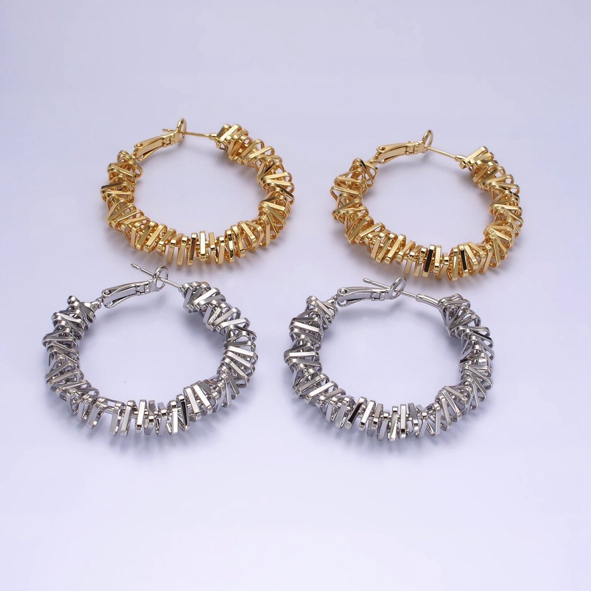 16K Gold Filled 40mm Abstract Multiple Triangle Bar Hinge Hoop Earrings in Gold & Silver | AE094 AE095 - DLUXCA