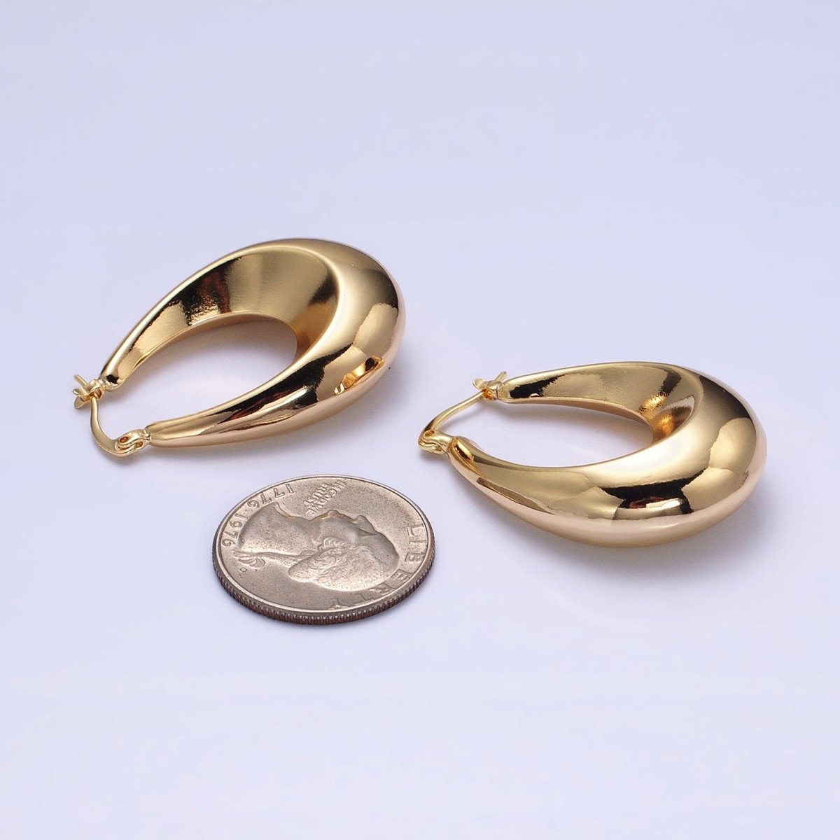 16K Gold Filled 40mm Oblong U-Curved Dome Latch French Lock Hoop Earrings in Gold & Silver | AD-887 AD-888 - DLUXCA