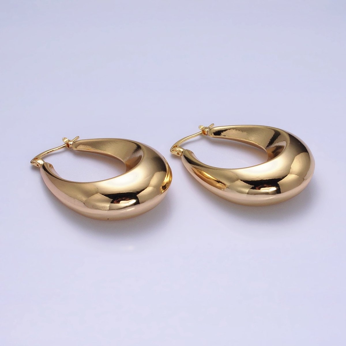 16K Gold Filled 40mm Oblong U-Curved Dome Latch French Lock Hoop Earrings in Gold & Silver | AD-887 AD-888 - DLUXCA