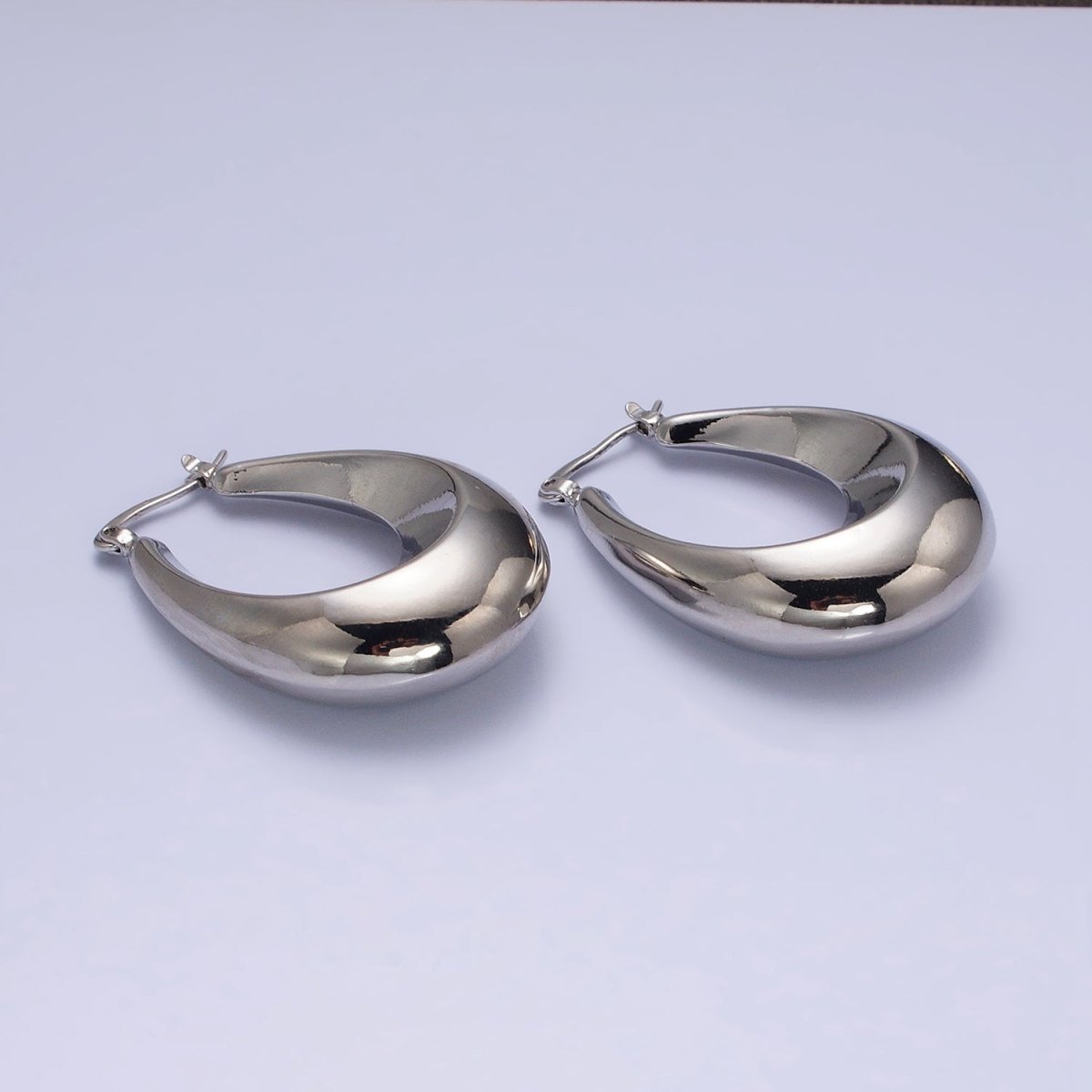 16K Gold Filled 40mm Oblong U-Curved Dome Latch French Lock Hoop Earrings in Gold & Silver | AD-887 AD-888 - DLUXCA