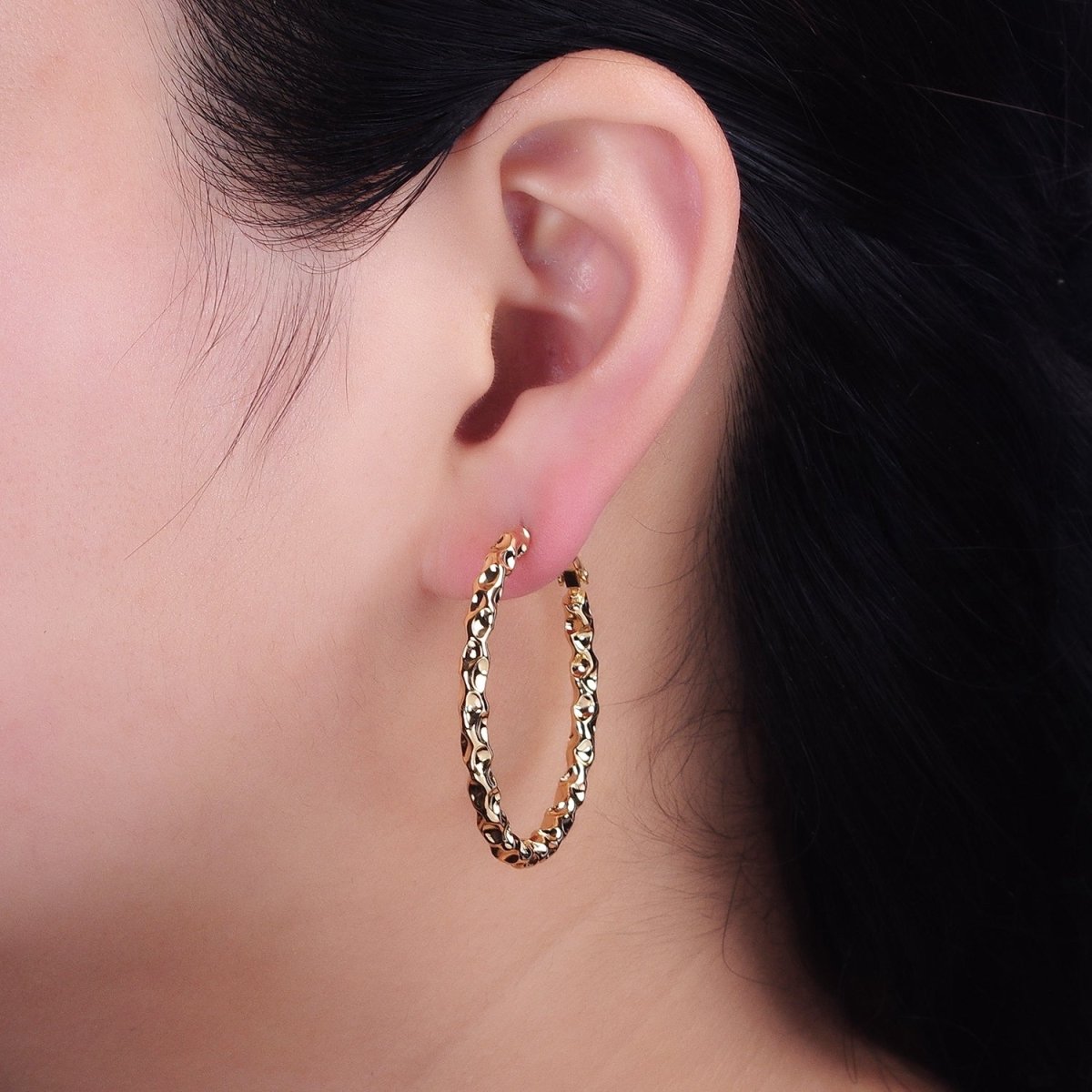 16K Gold Filled 40mm Thin Hammered Hinge Hoop Earrings in Gold & Silver | AB1486 AB1487 - DLUXCA