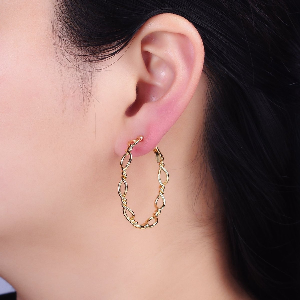 16K Gold Filled 40mm Twisted Band Chain Link Hinge Hoop Earrings in Gold & Silver | AD1072 AD1073 - DLUXCA