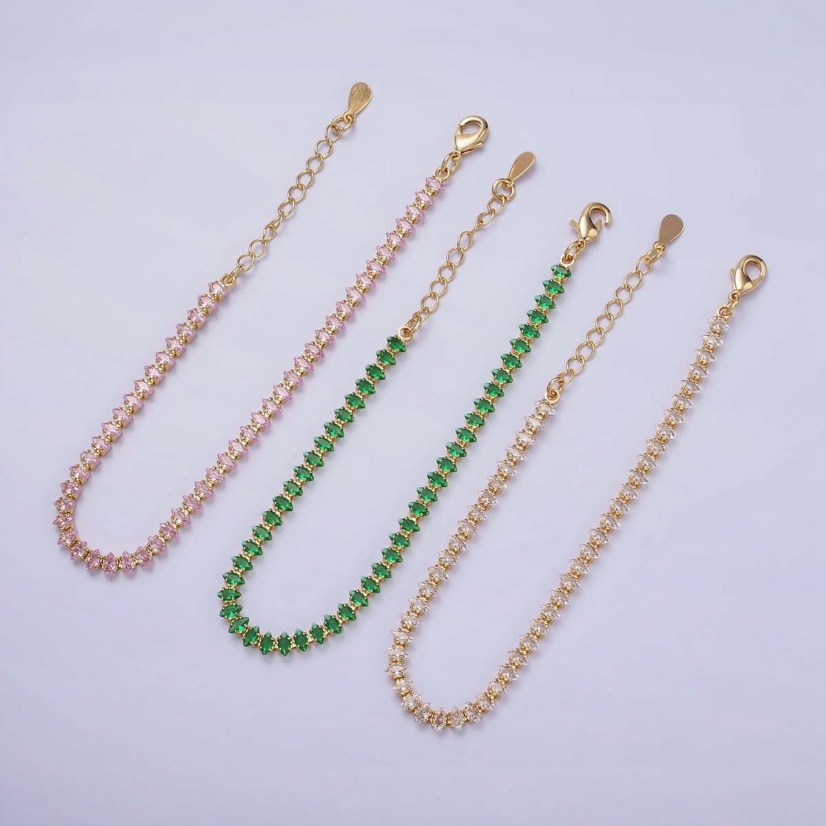 16K Gold Filled 4mm Green, Clear, Pink CZ Marquise Tennis 6.5 Inch Bracelet with Extender | WA-1788 - WA-1790 Clearance Pricing - DLUXCA