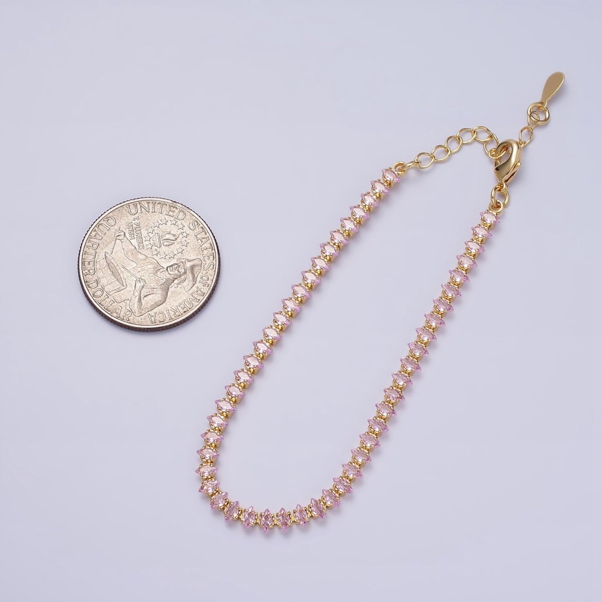 16K Gold Filled 4mm Green, Clear, Pink CZ Marquise Tennis 6.5 Inch Bracelet with Extender | WA-1788 - WA-1790 Clearance Pricing - DLUXCA