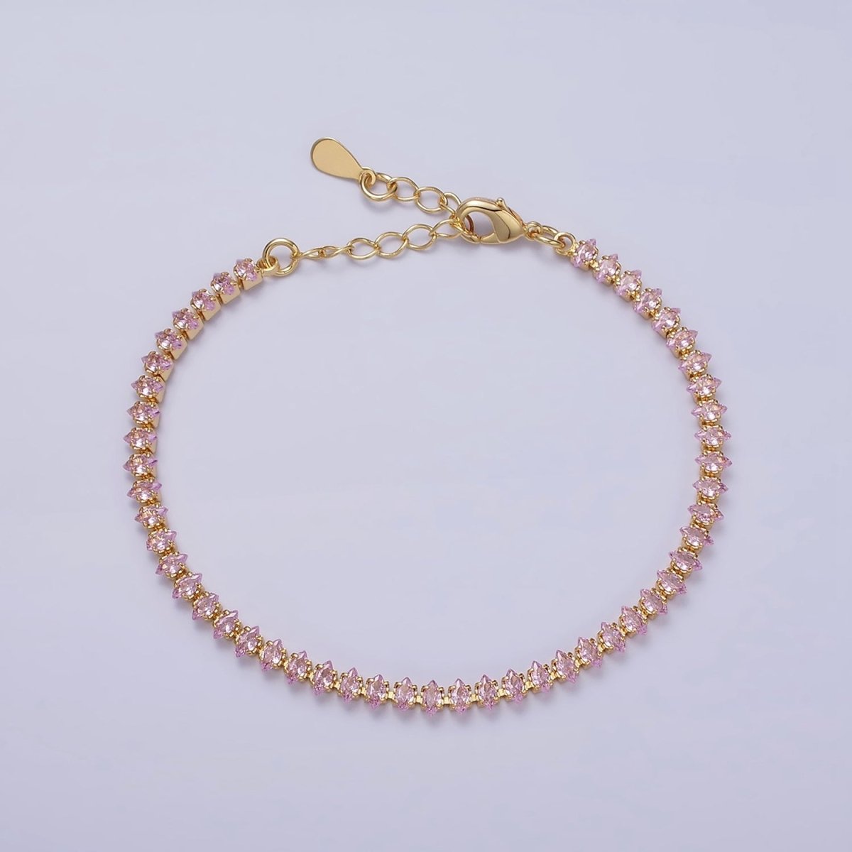 16K Gold Filled 4mm Green, Clear, Pink CZ Marquise Tennis 6.5 Inch Bracelet with Extender | WA-1788 - WA-1790 Clearance Pricing - DLUXCA