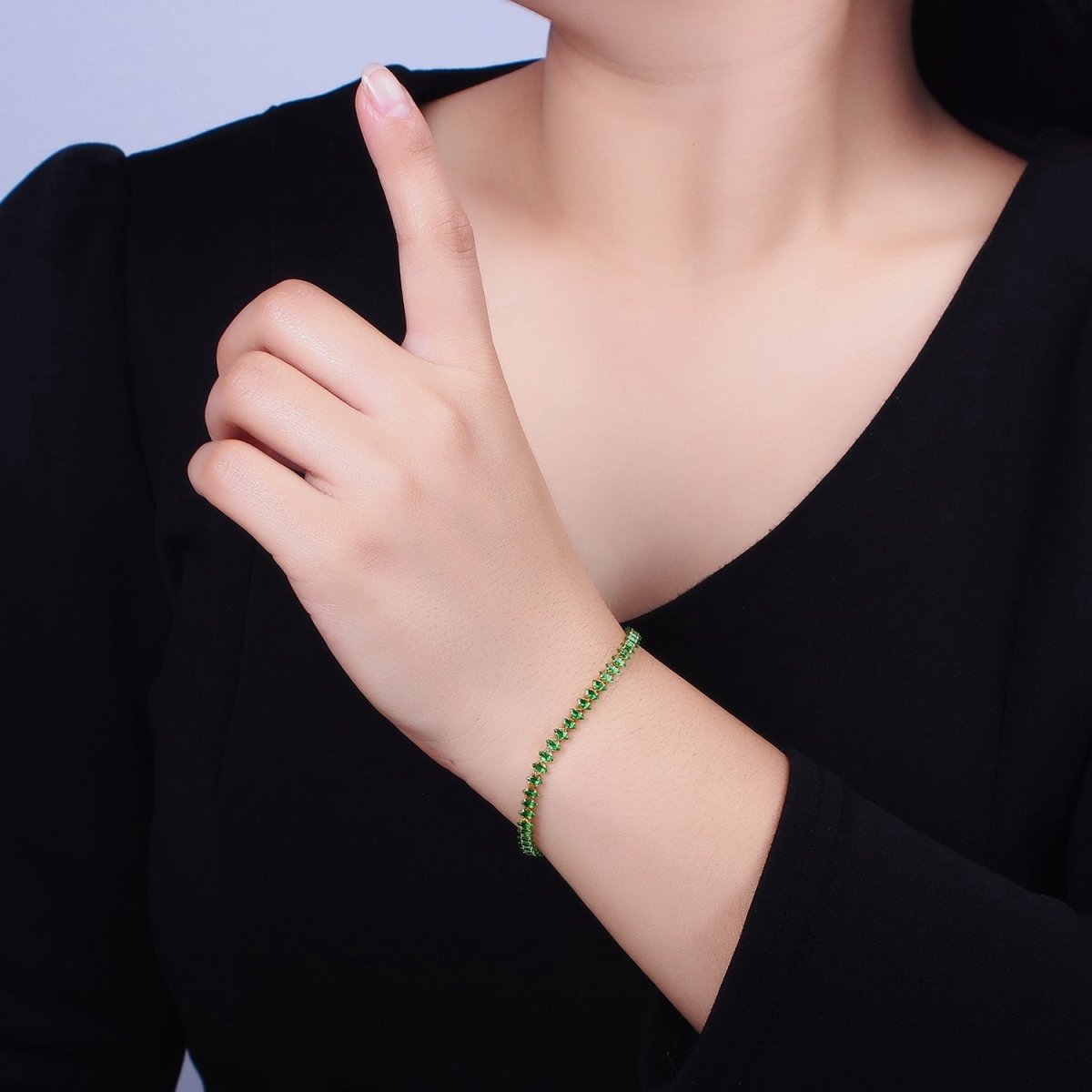 16K Gold Filled 4mm Green, Clear, Pink CZ Marquise Tennis 6.5 Inch Bracelet with Extender | WA-1788 - WA-1790 Clearance Pricing - DLUXCA