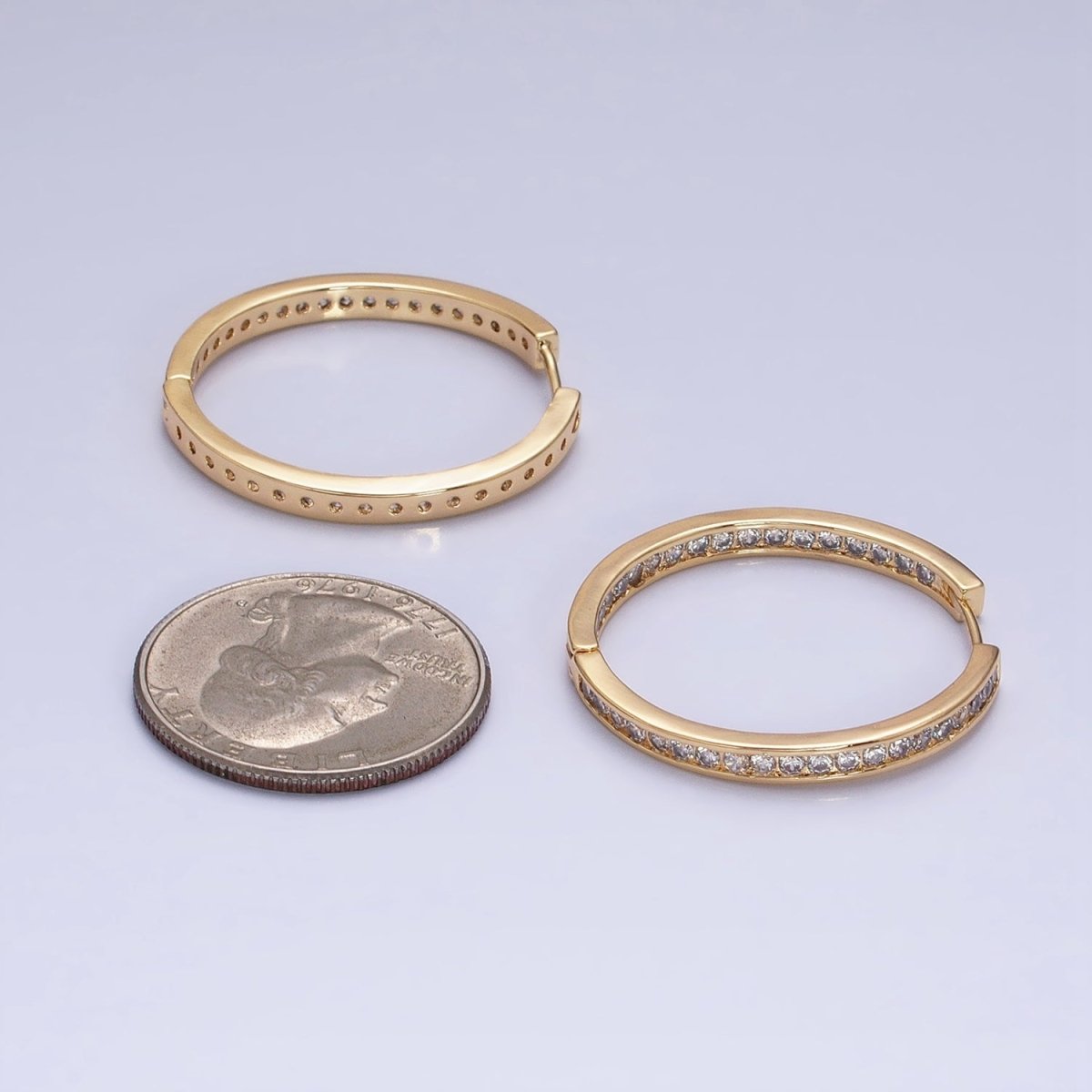 16K Gold Filled 50mm, 35mm, 30mm Clear CZ Micro Paved Front-Facing Endless Hoop Earrings in Gold & Silver | AD826 AD827, AE029 - AE032 - DLUXCA
