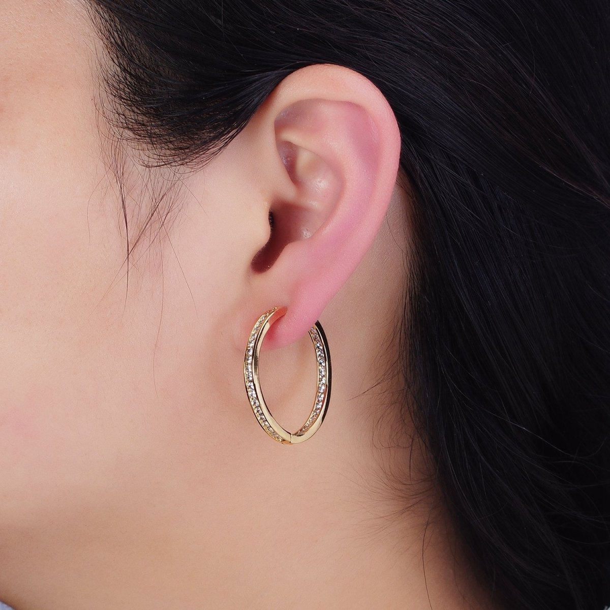 16K Gold Filled 50mm, 35mm, 30mm Clear CZ Micro Paved Front-Facing Endless Hoop Earrings in Gold & Silver | AD826 AD827, AE029 - AE032 - DLUXCA