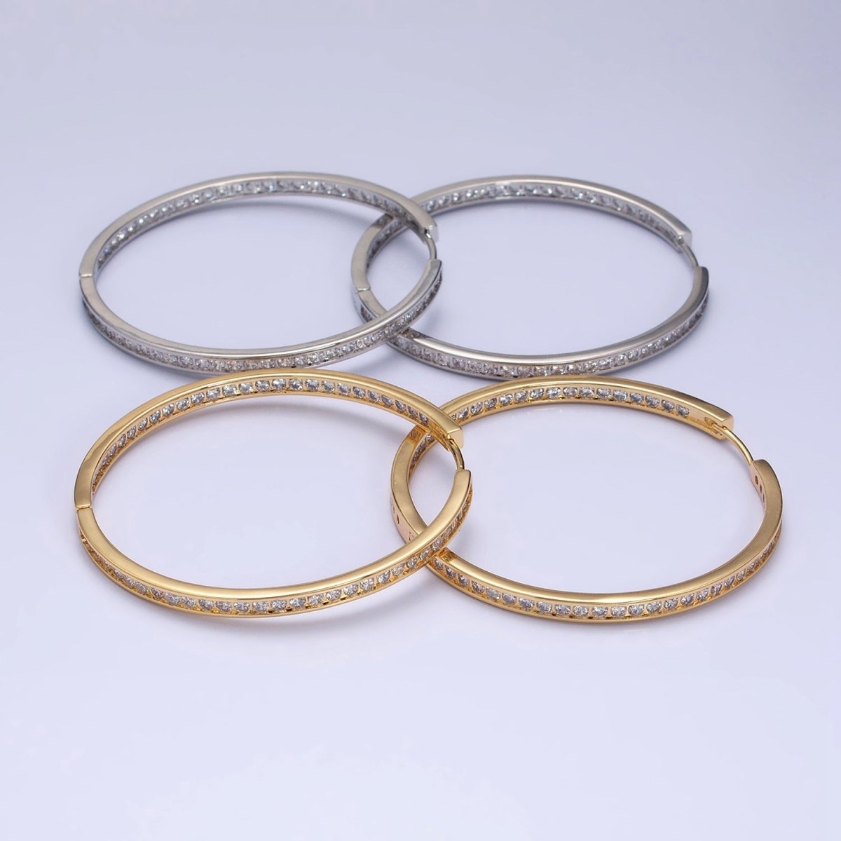 16K Gold Filled 50mm, 35mm, 30mm Clear CZ Micro Paved Front-Facing Endless Hoop Earrings in Gold & Silver | AD826 AD827, AE029 - AE032 - DLUXCA
