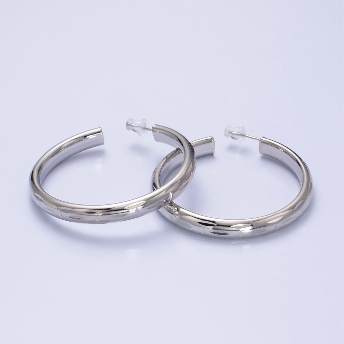 16K Gold Filled 50mm Dented Edge Line Rounded Hoop Earrings in Gold & Silver | AE545 AE546 - DLUXCA