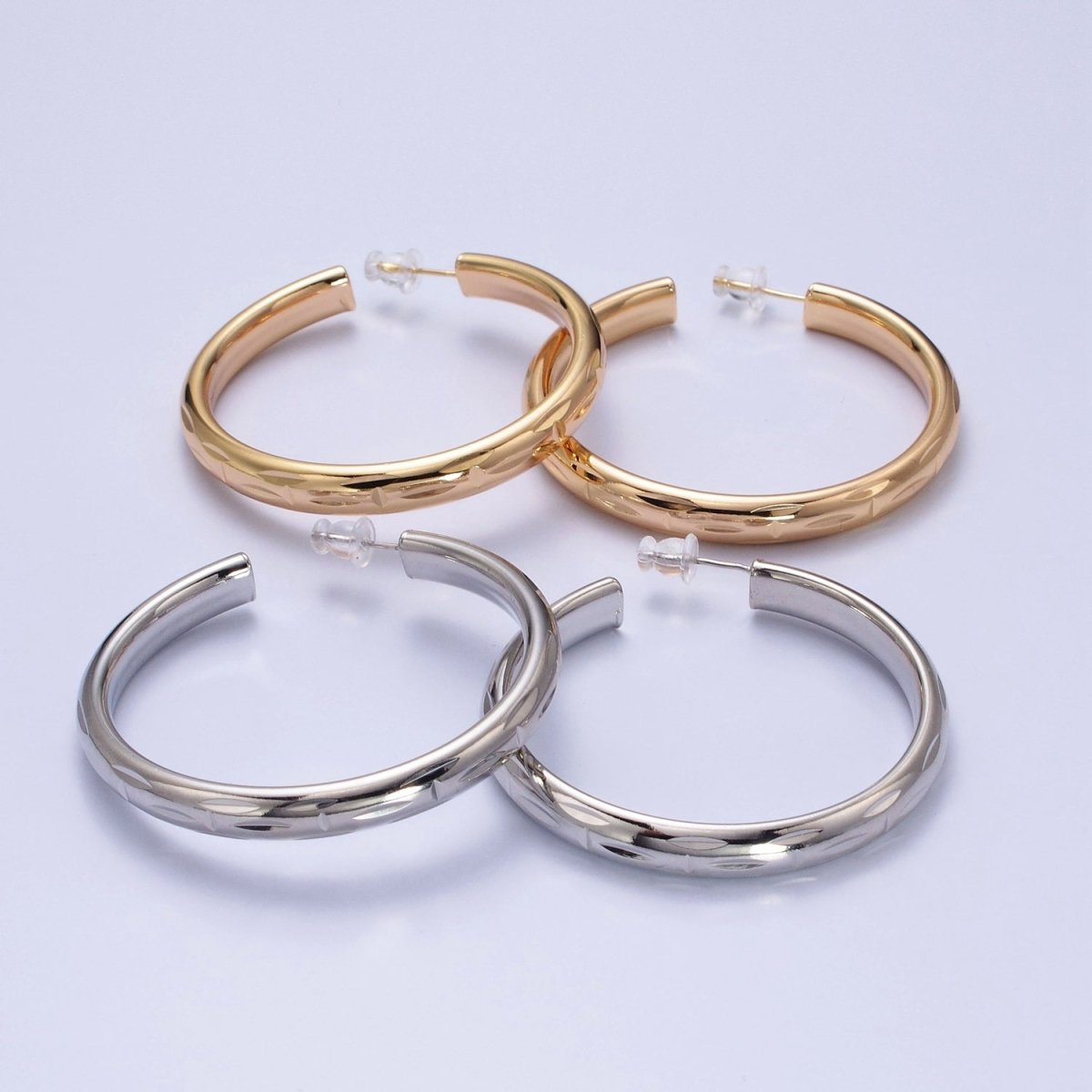 16K Gold Filled 50mm Dented Edge Line Rounded Hoop Earrings in Gold & Silver | AE545 AE546 - DLUXCA